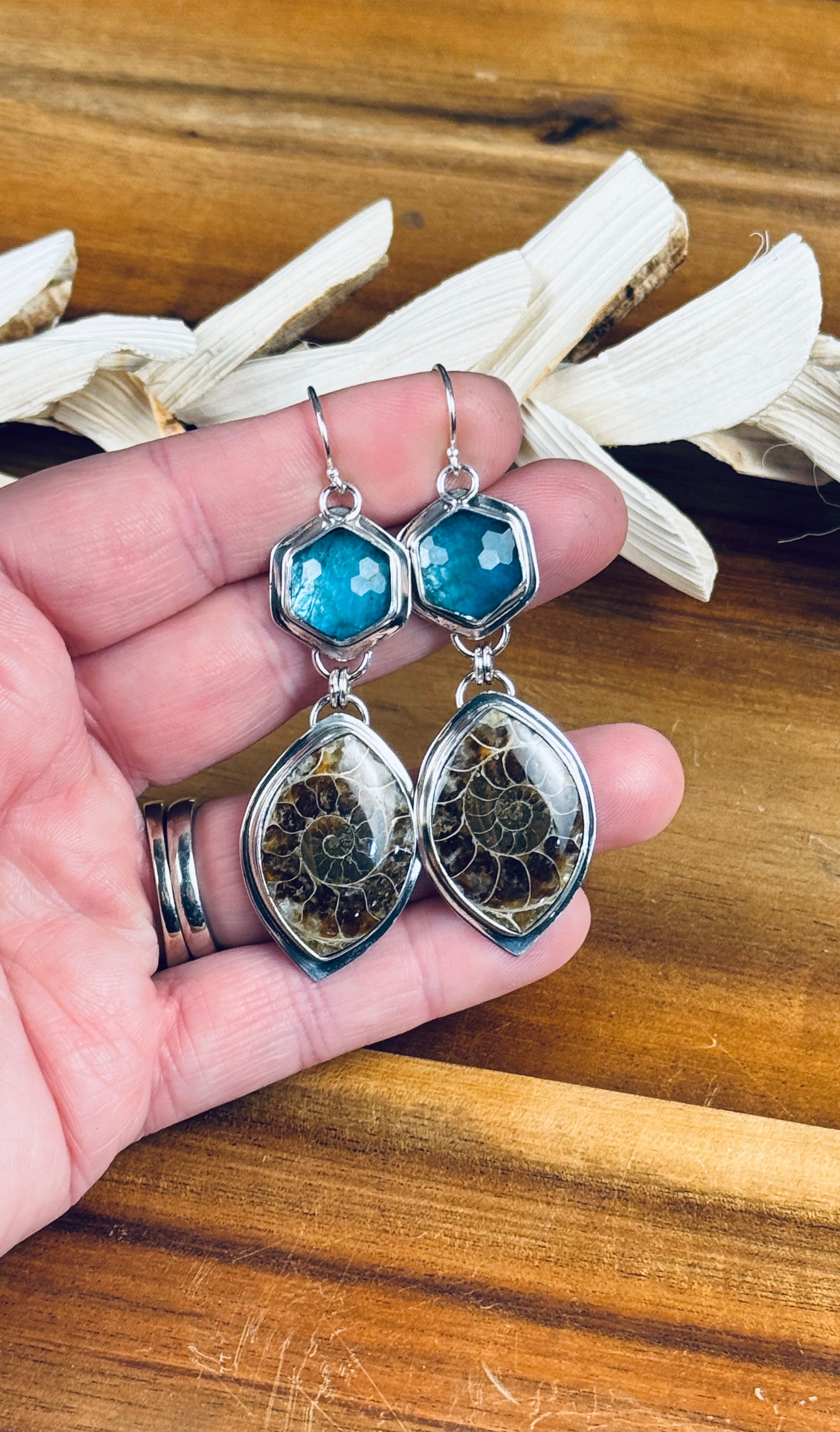 Sterling Silver Ammonite and Checkboard Cut Apatite Doublet Earrings