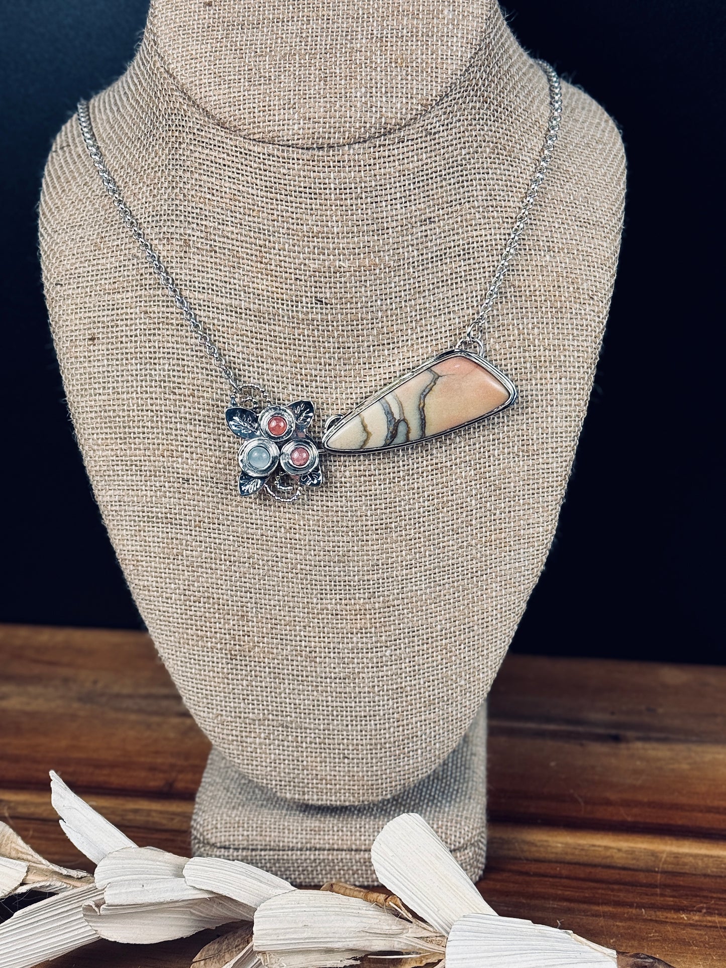 Oregon Sunset Jasper with Rhodochrosite and Aquamarine Pendant