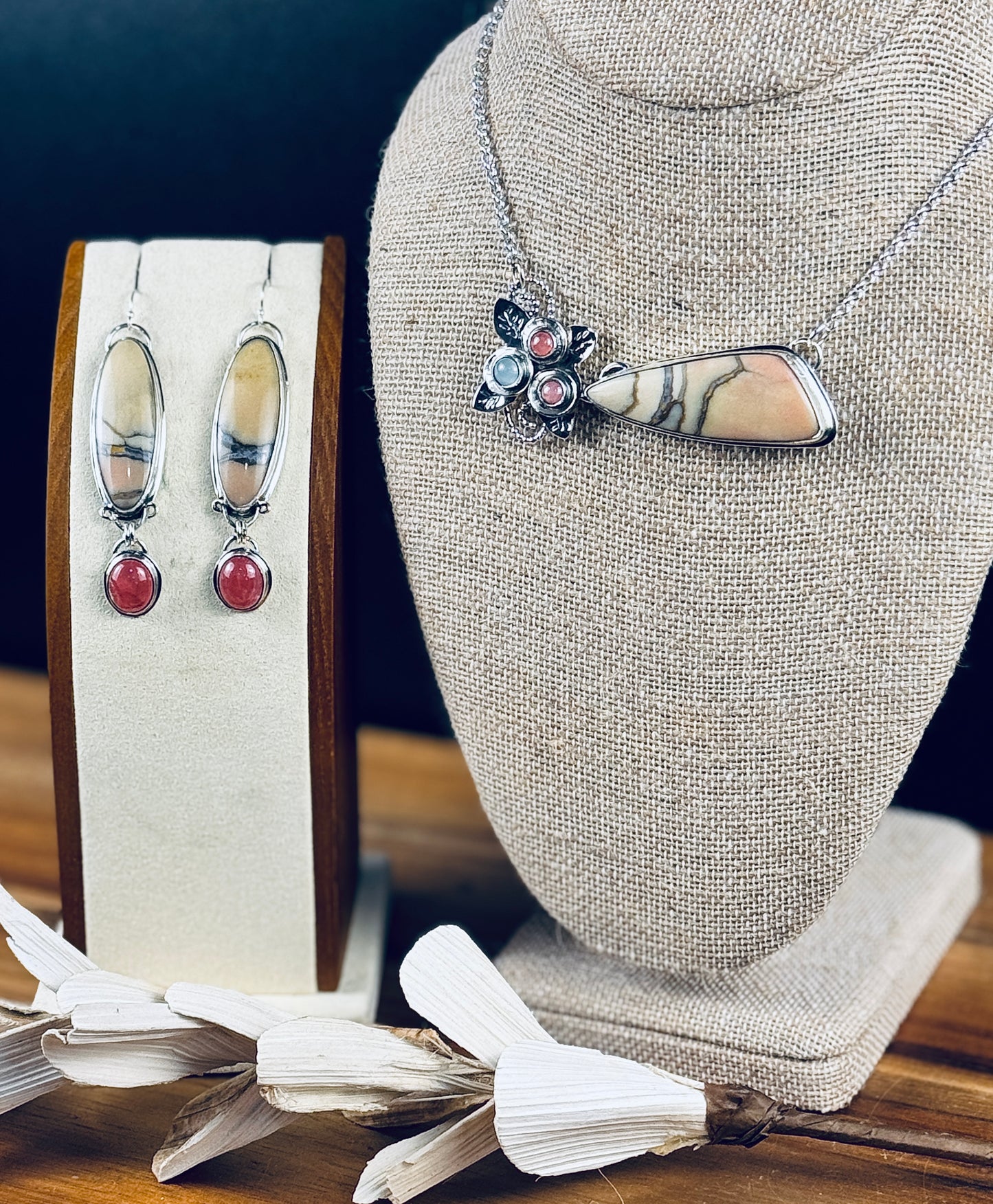 Oregon Sunset Jasper with Rhodochrosite and Aquamarine Pendant