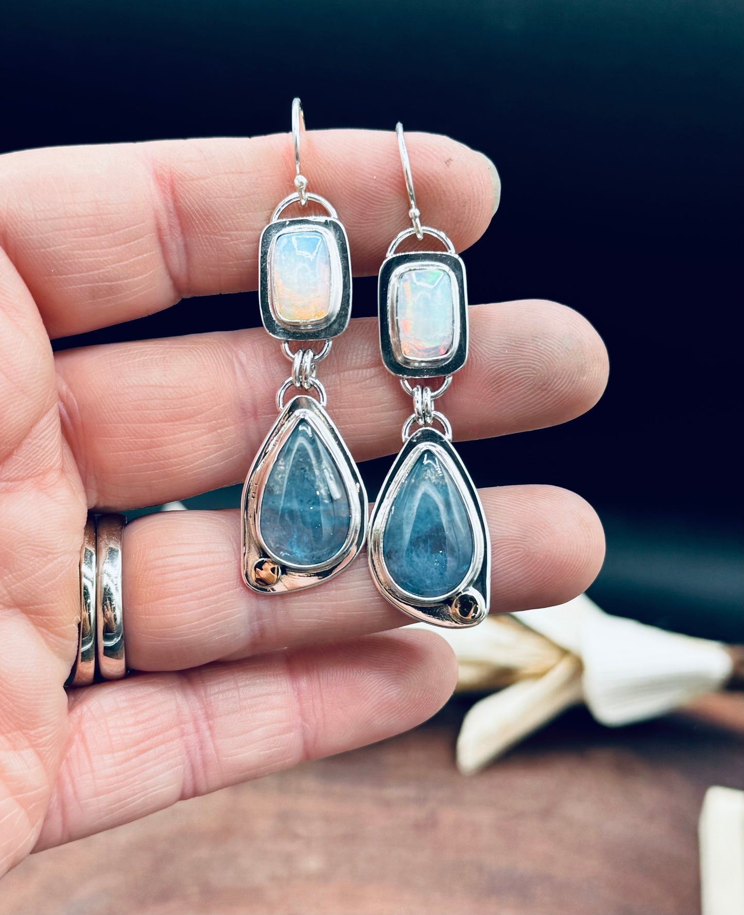 High Grade Aquamarine and Opal Sterling Silver Earrings