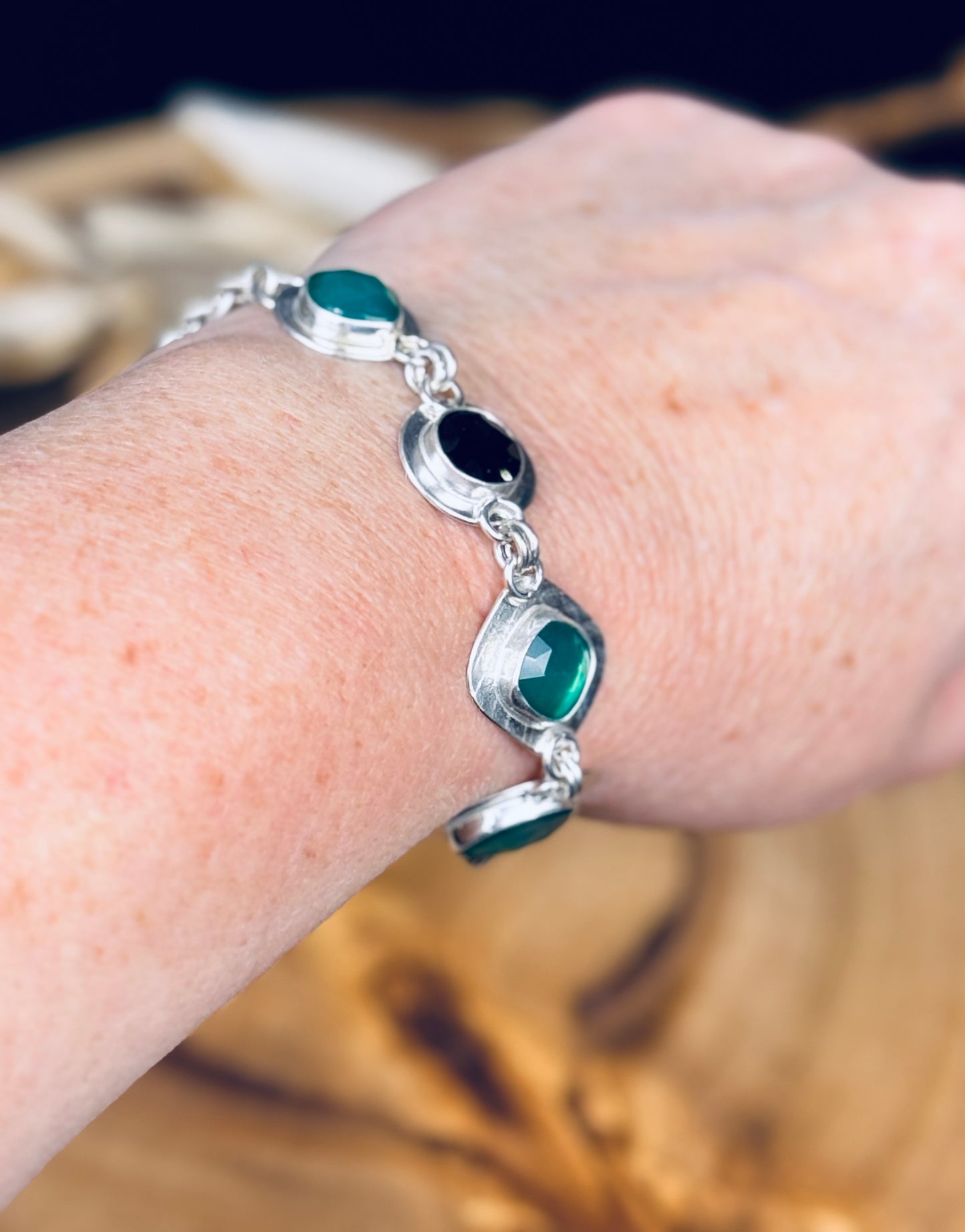 Sterling Silver Green and Black Onyx Bracelet