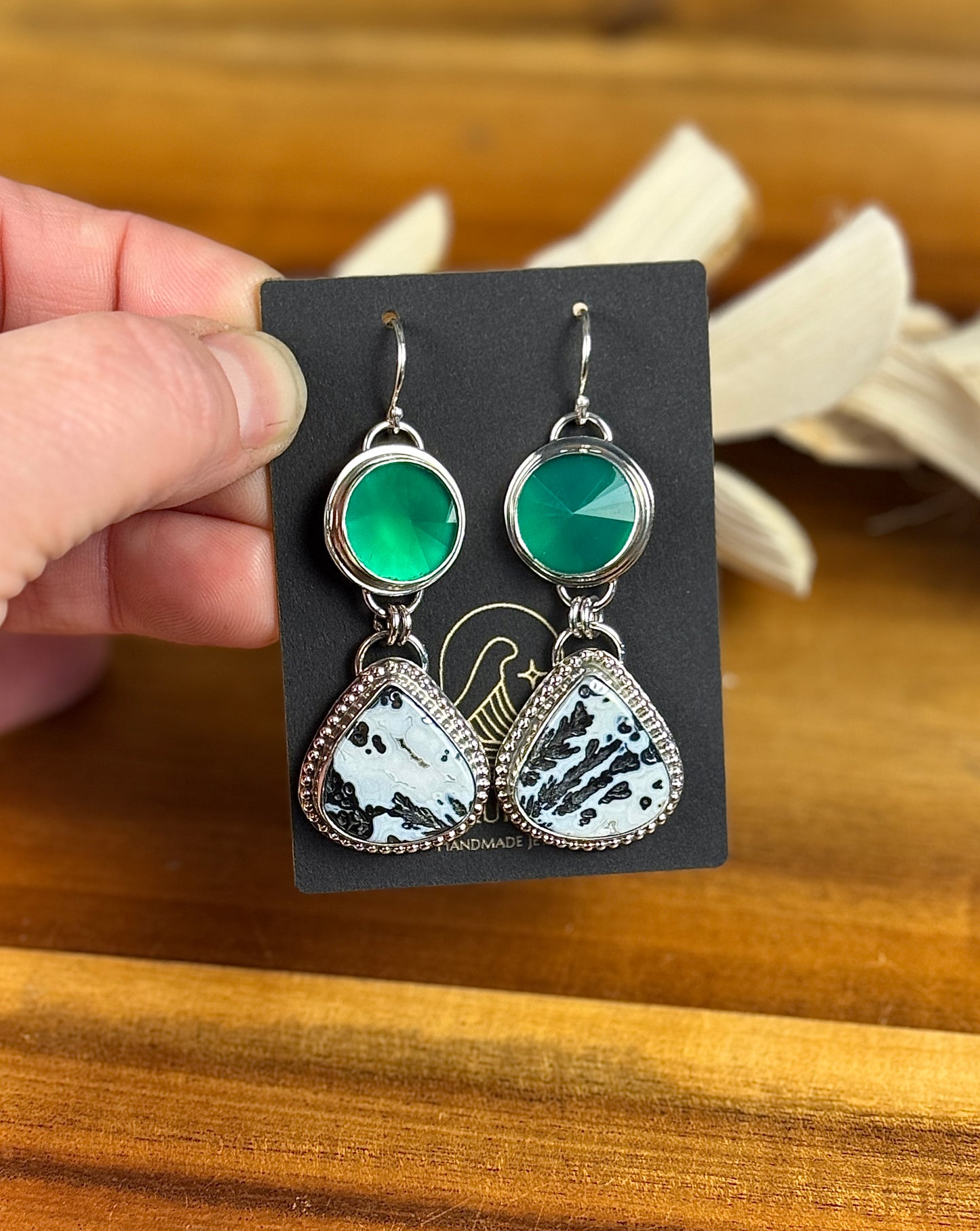 Black Feather Medicine Bow Agate and Green Onyx Earrings