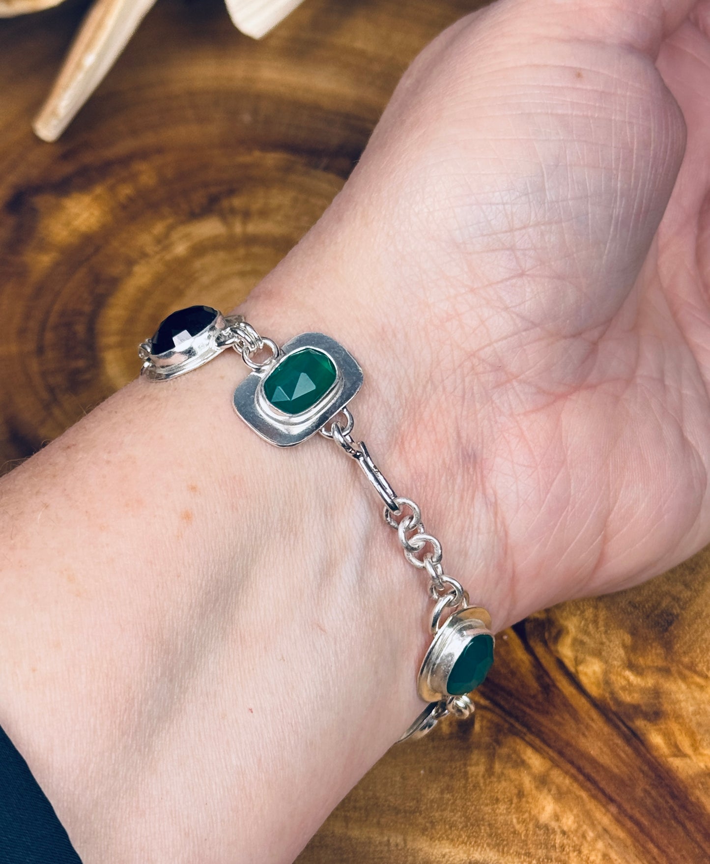 Sterling Silver Green and Black Onyx Bracelet