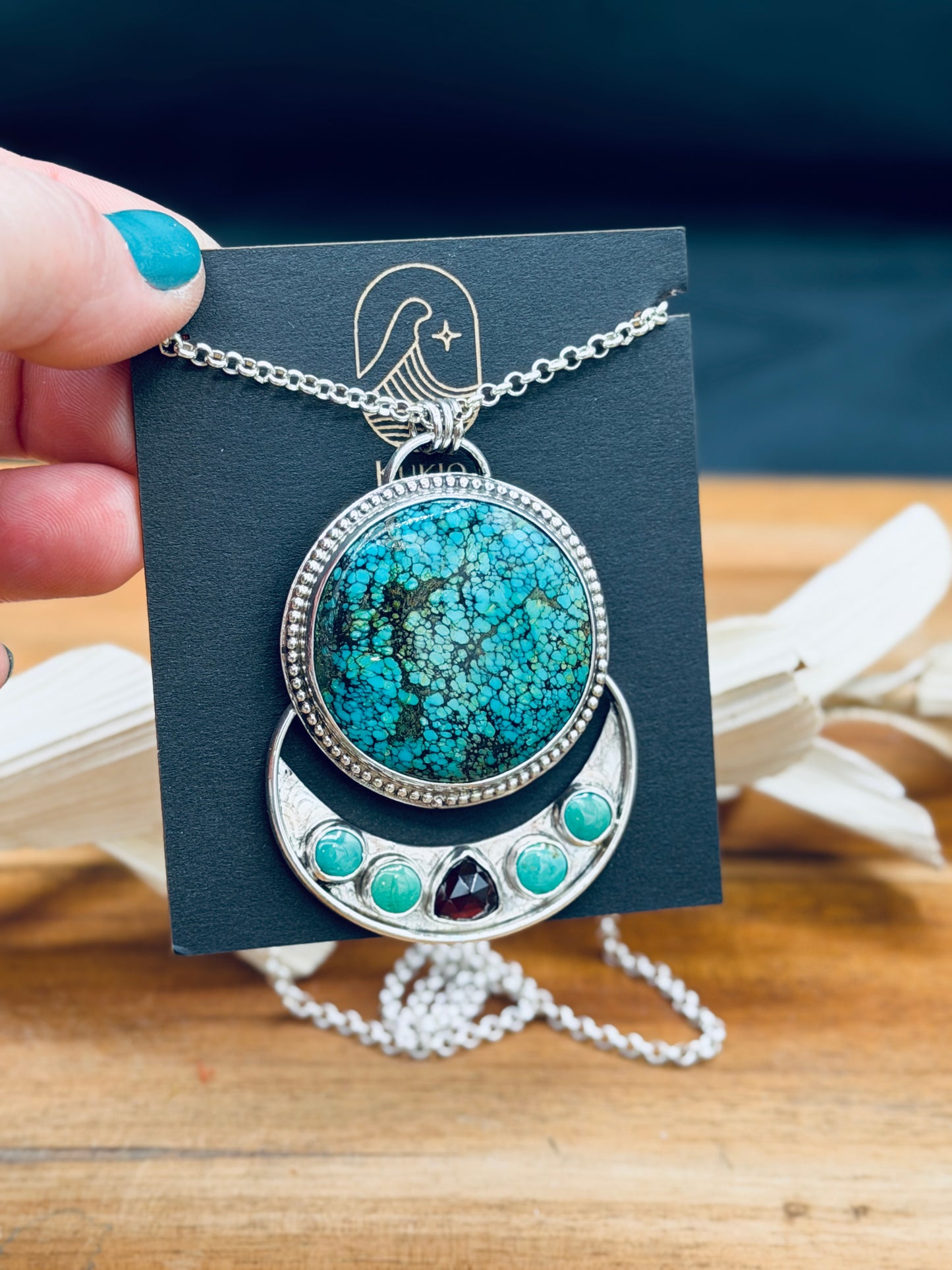 Hubei Turquoise with Turquoise and Garnet Sterling Silver Pendant