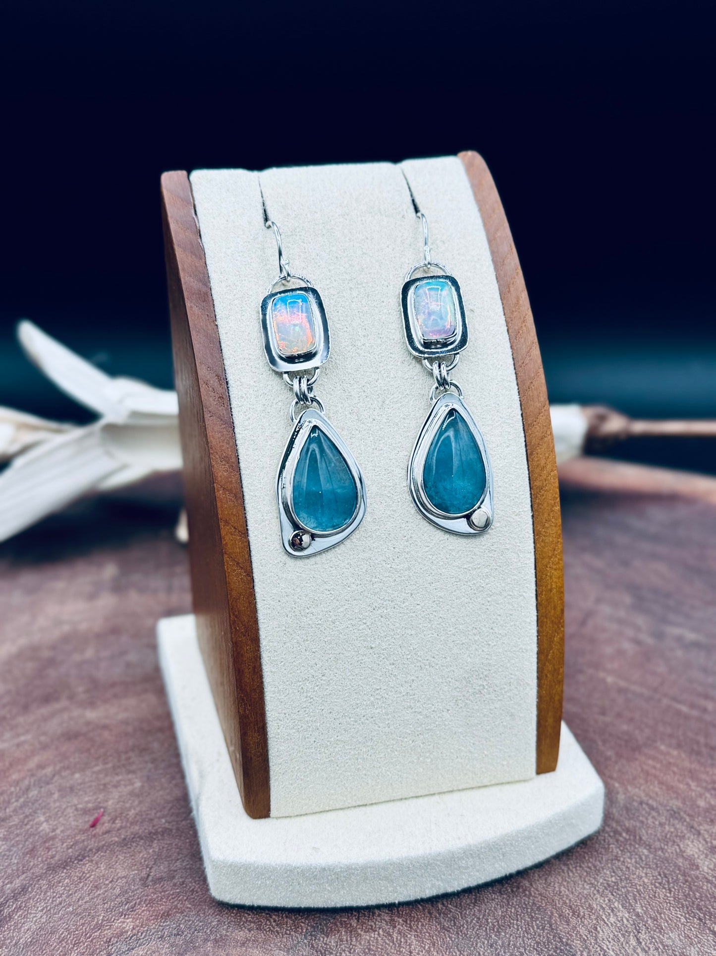 High Grade Aquamarine and Opal Sterling Silver Earrings