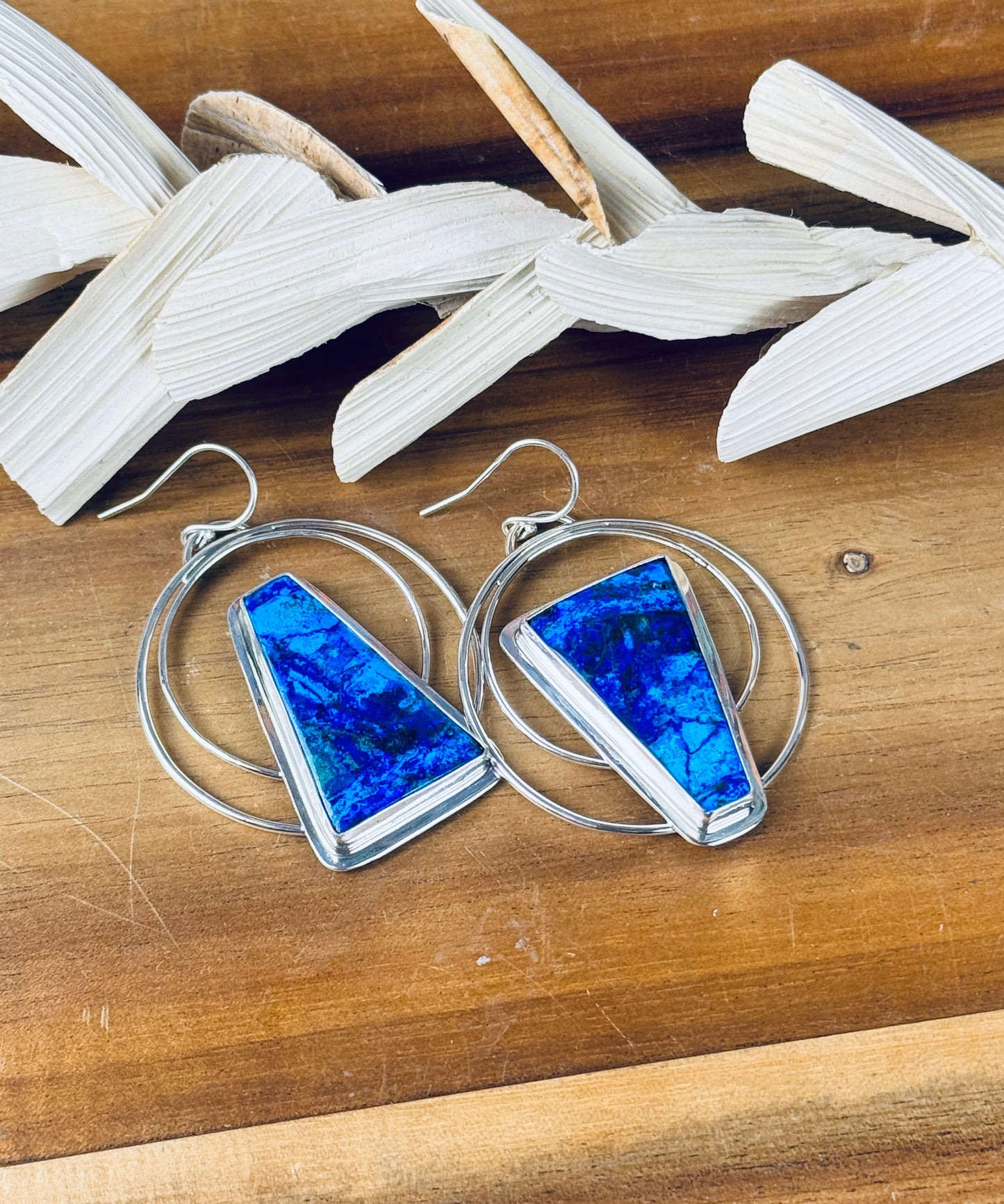 Sterling Silver Double Hoop Blue Bird Azurite Earrings