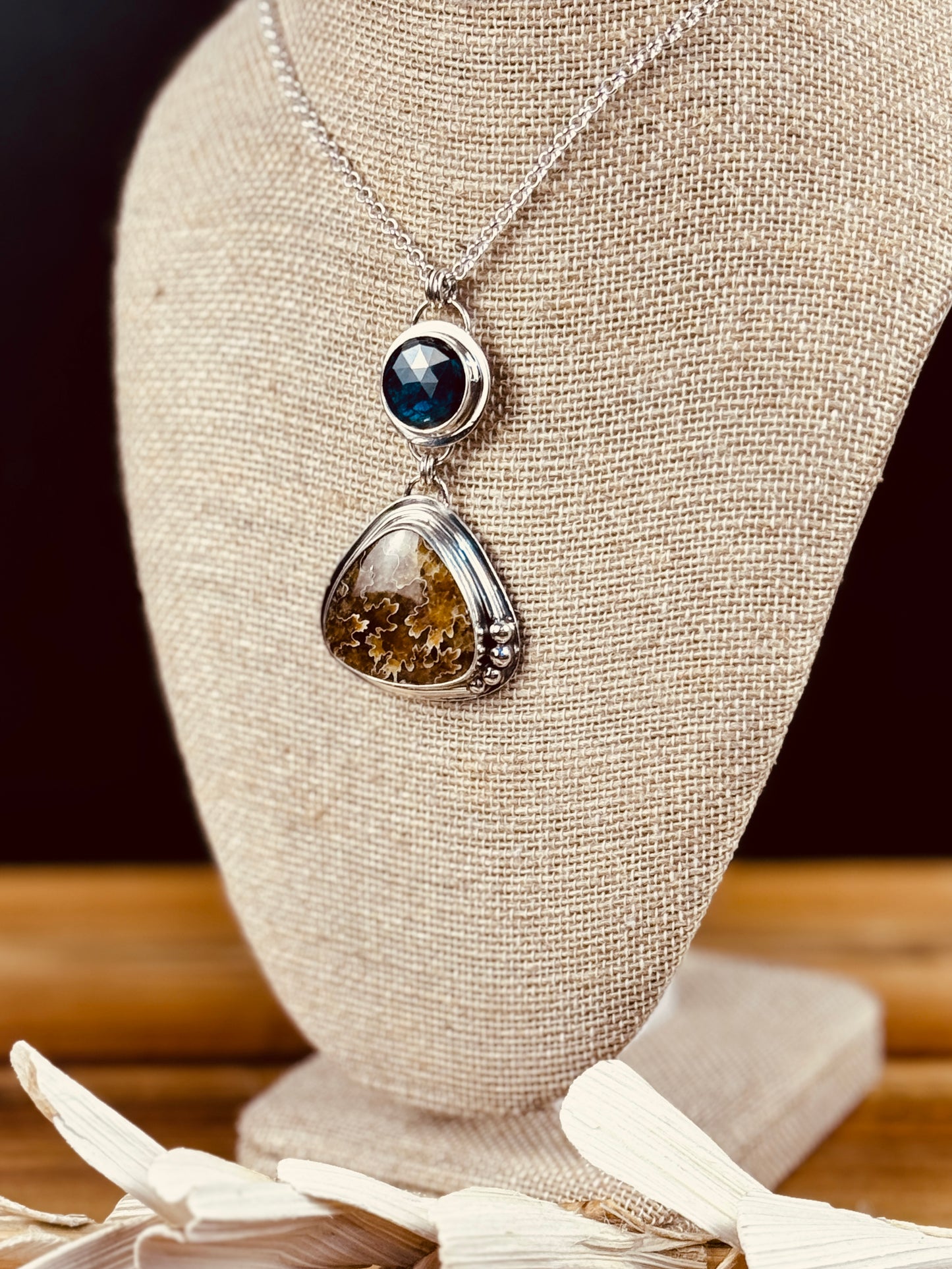 Ammonite and Paraiba Kyanite Sterling Silver Pendant