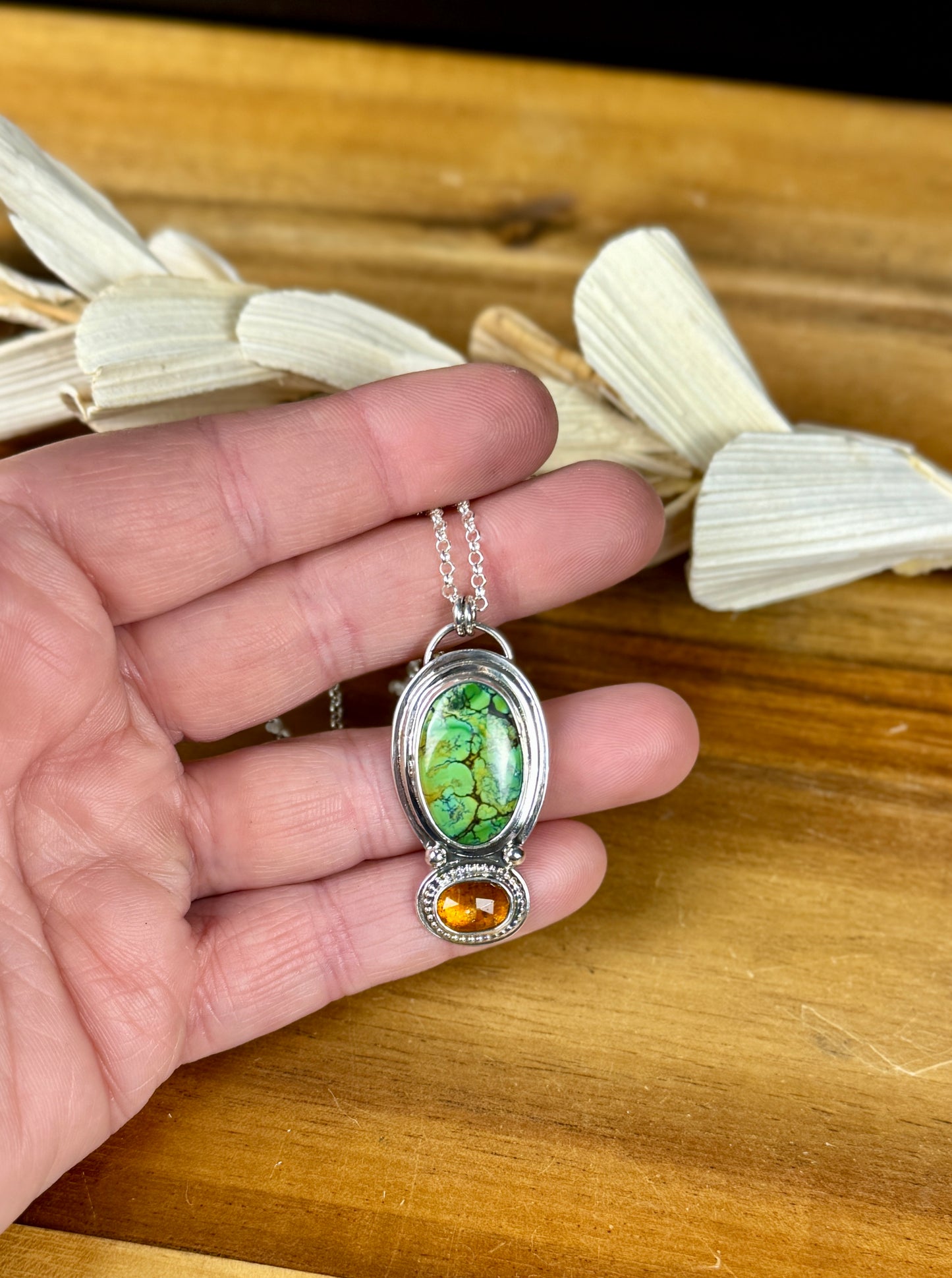 Natural Amazon Green Turquoise and Orange Kyanite Pendant