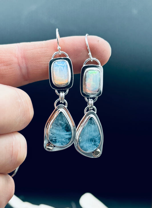 High Grade Aquamarine and Opal Sterling Silver Earrings