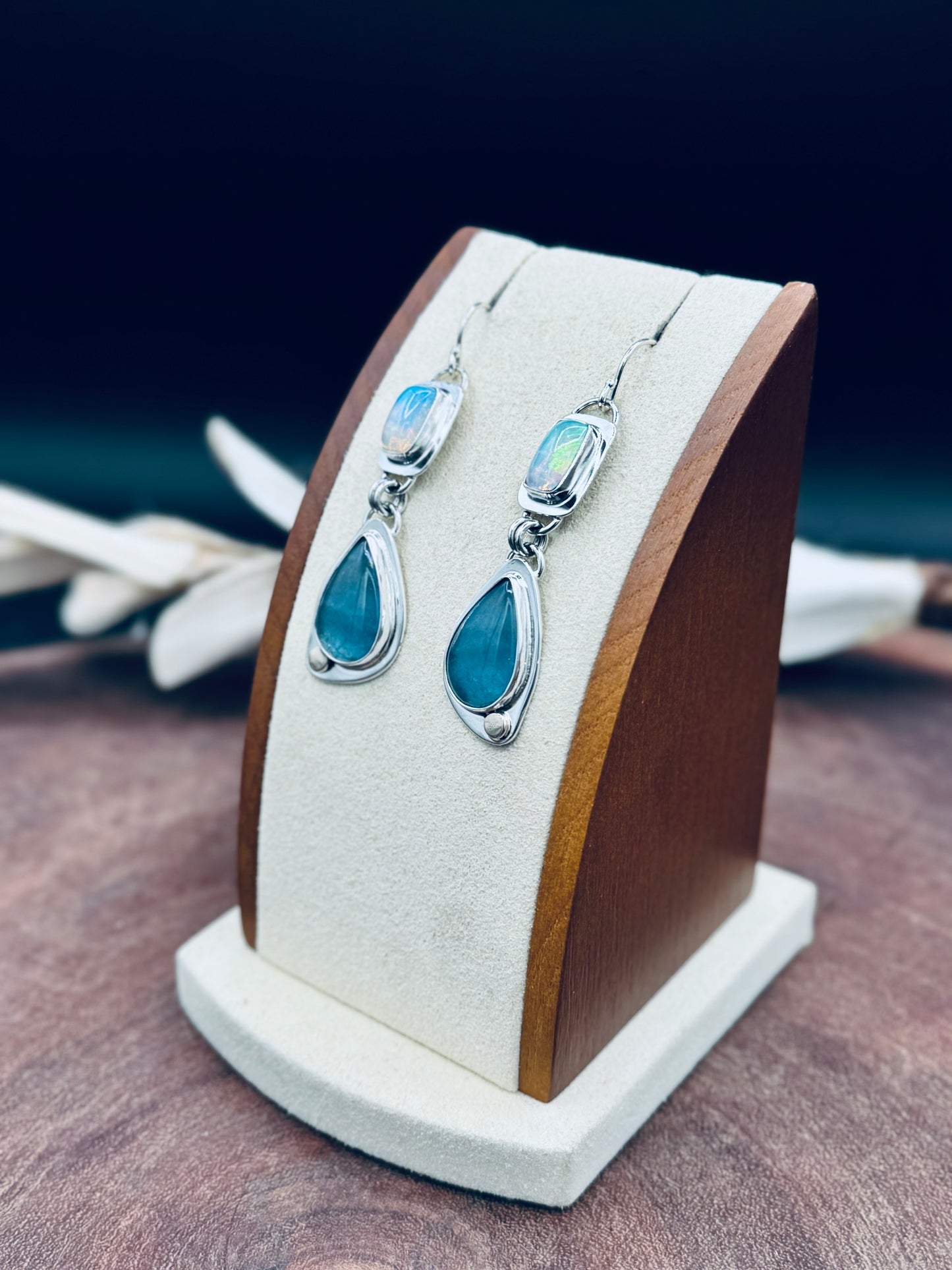 High Grade Aquamarine and Opal Sterling Silver Earrings