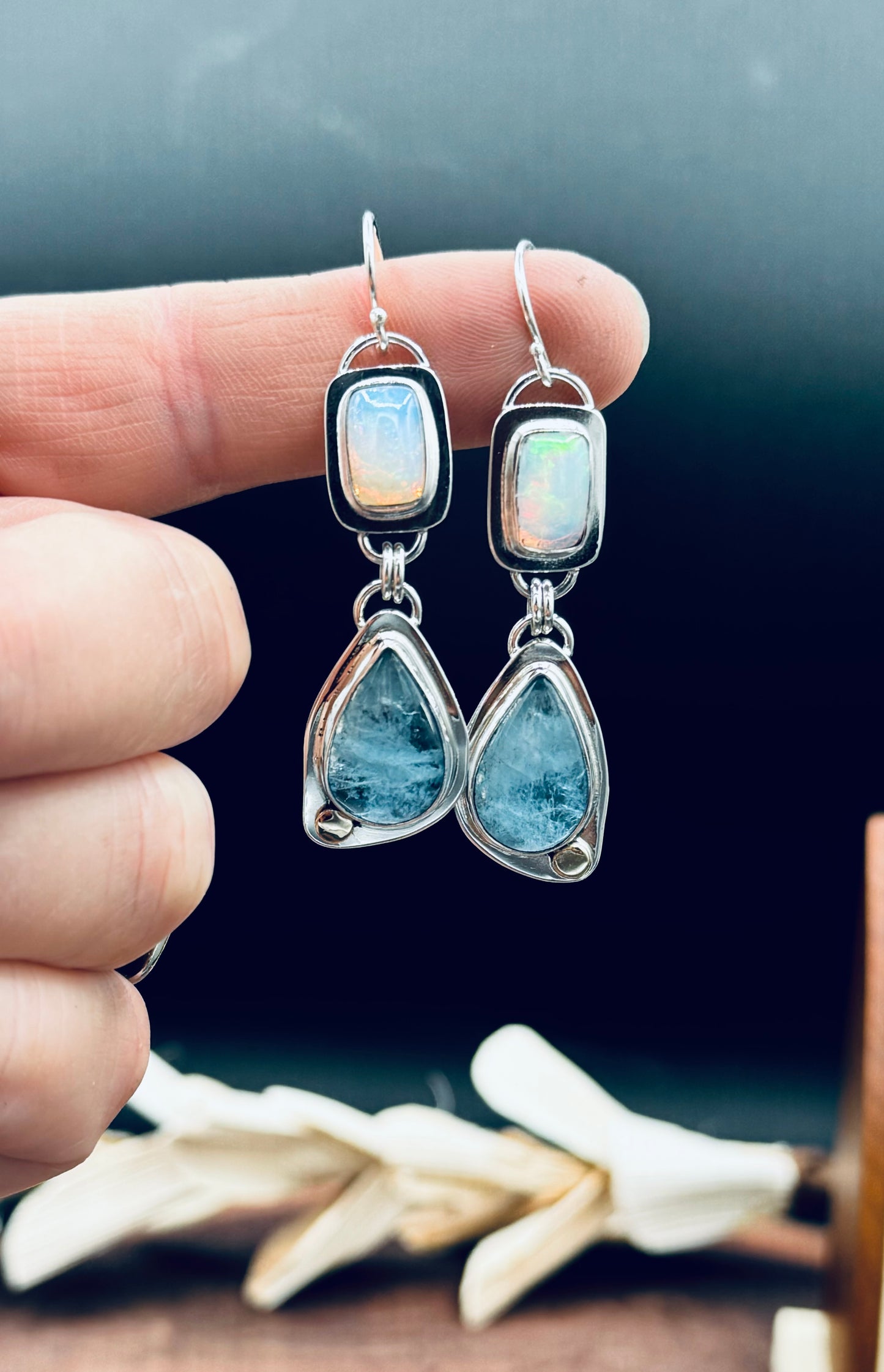 High Grade Aquamarine and Opal Sterling Silver Earrings