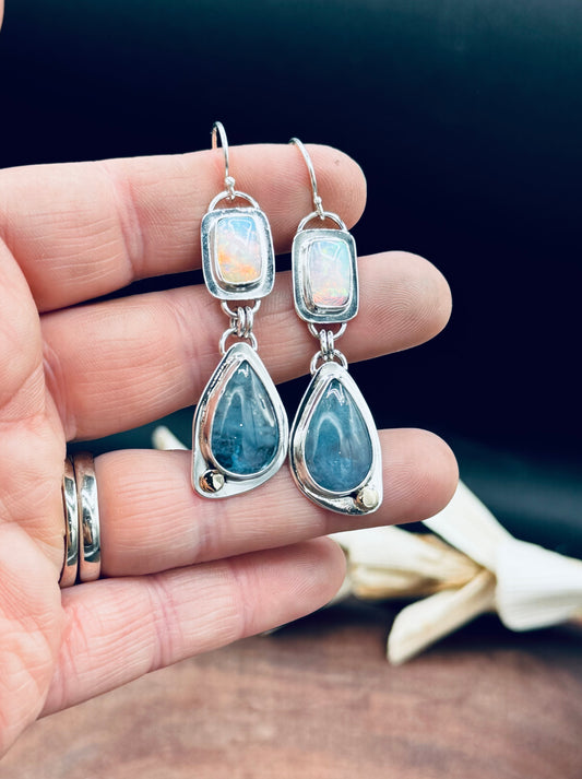 High Grade Aquamarine and Opal Sterling Silver Earrings