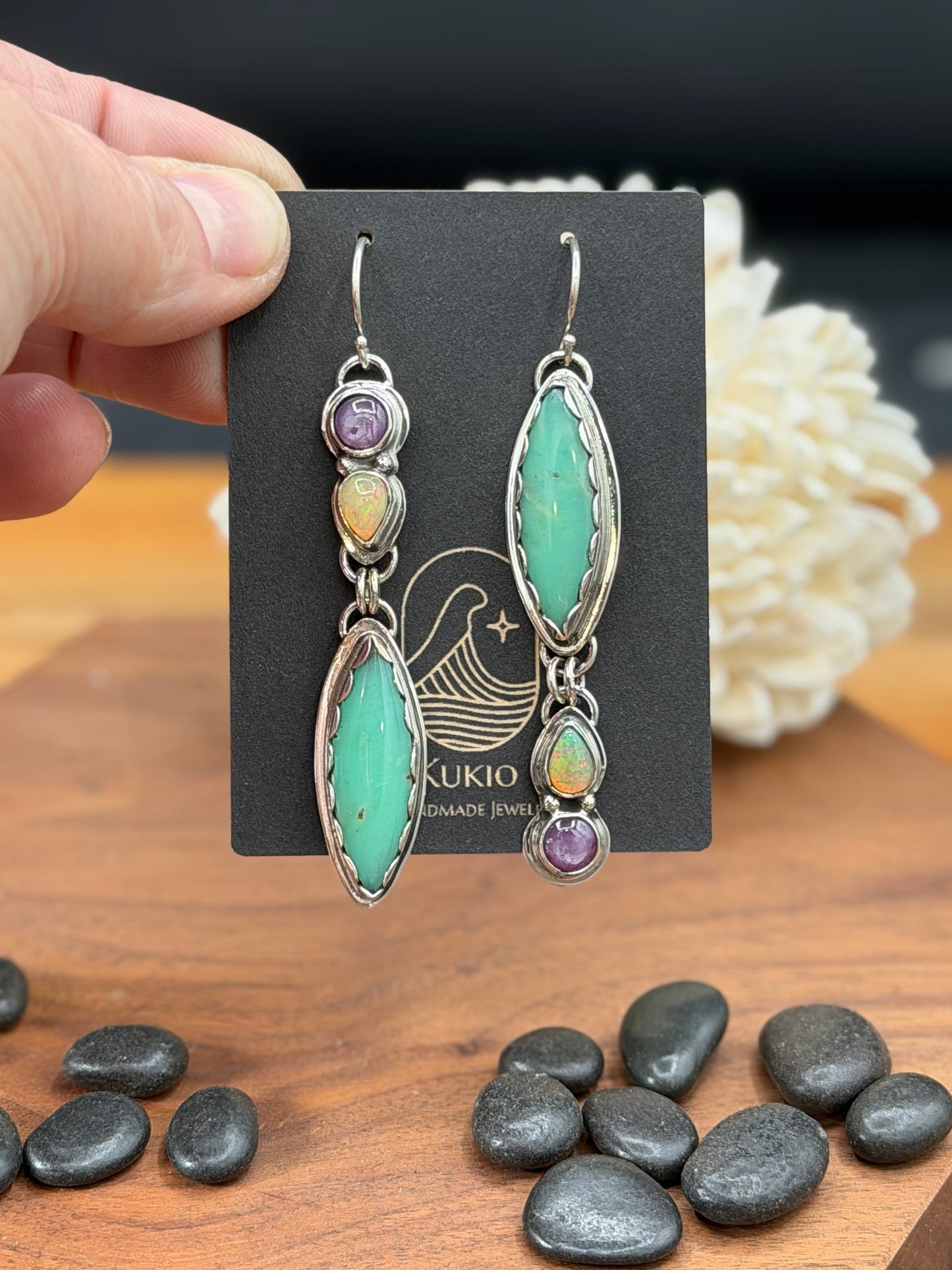 Newman Chrysoprase with Opal and Ruby Sterling Silver Earrings