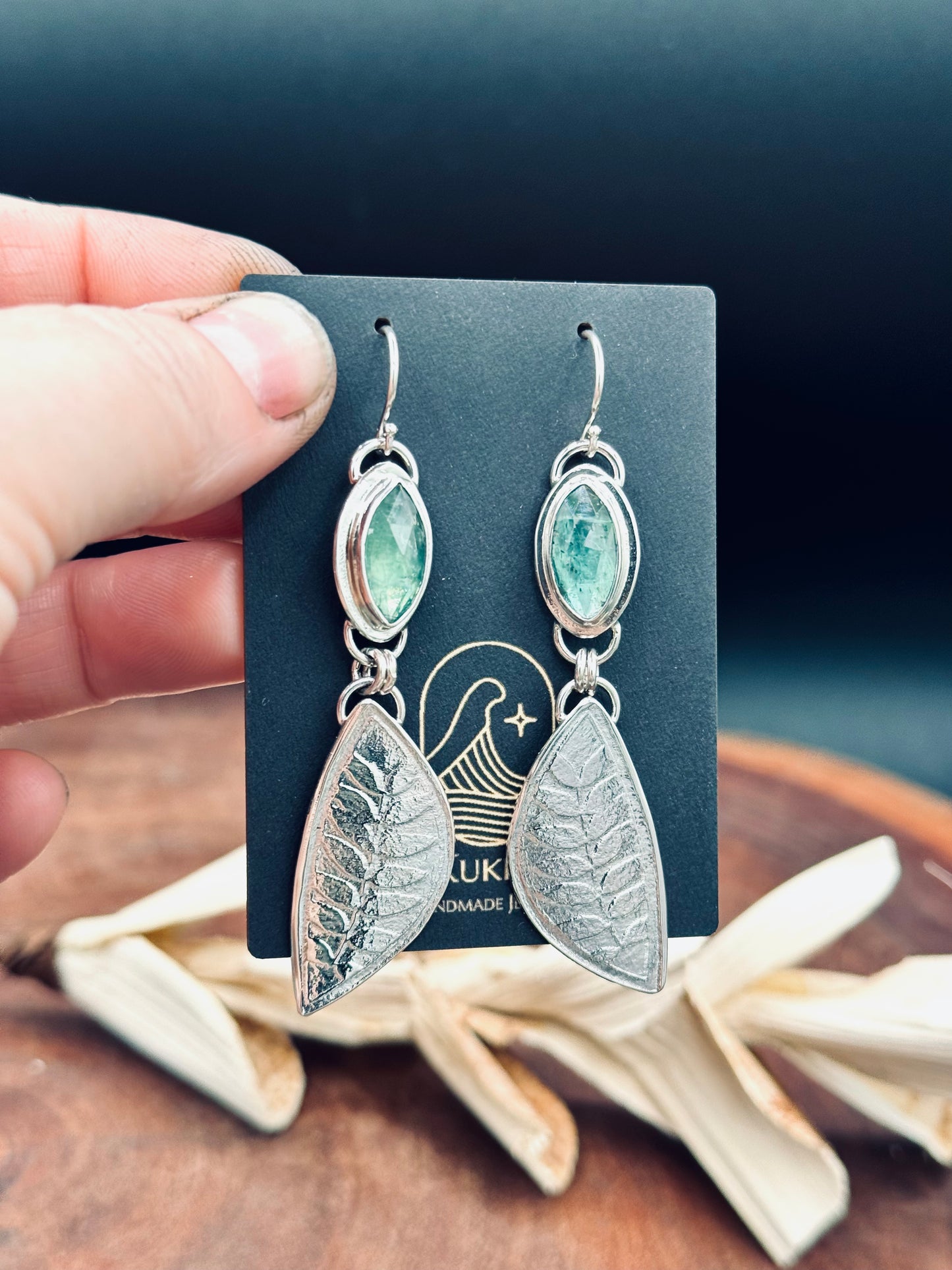 Sterling Silver Minty Green Kyanite Leaf Earrings