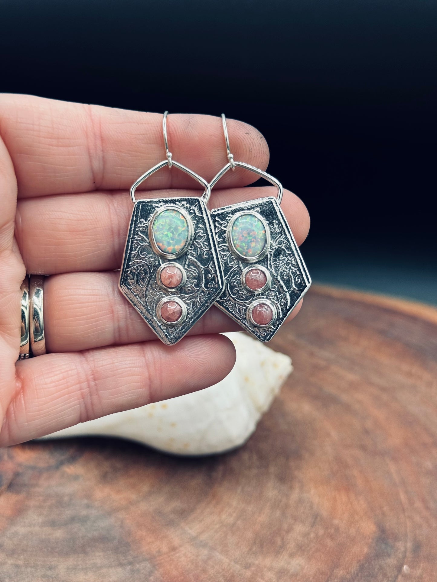 Aurora Opal and Rhodorosite Sterling Sterling Silver Patterned Earrings