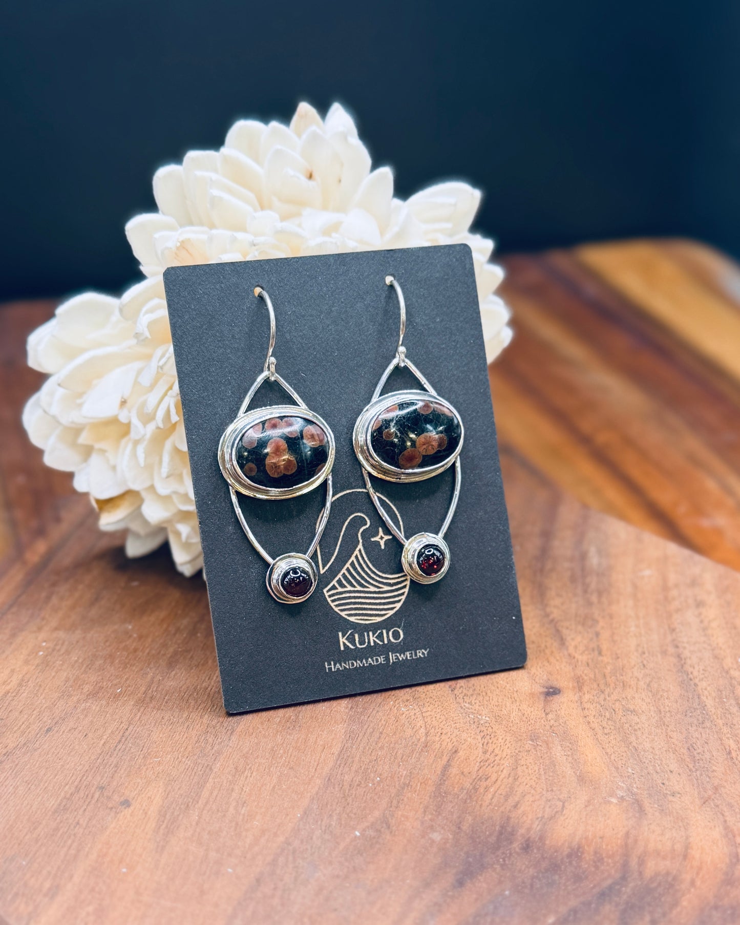 Sterling Silver Peanut Obsidian and Garnet Earrings