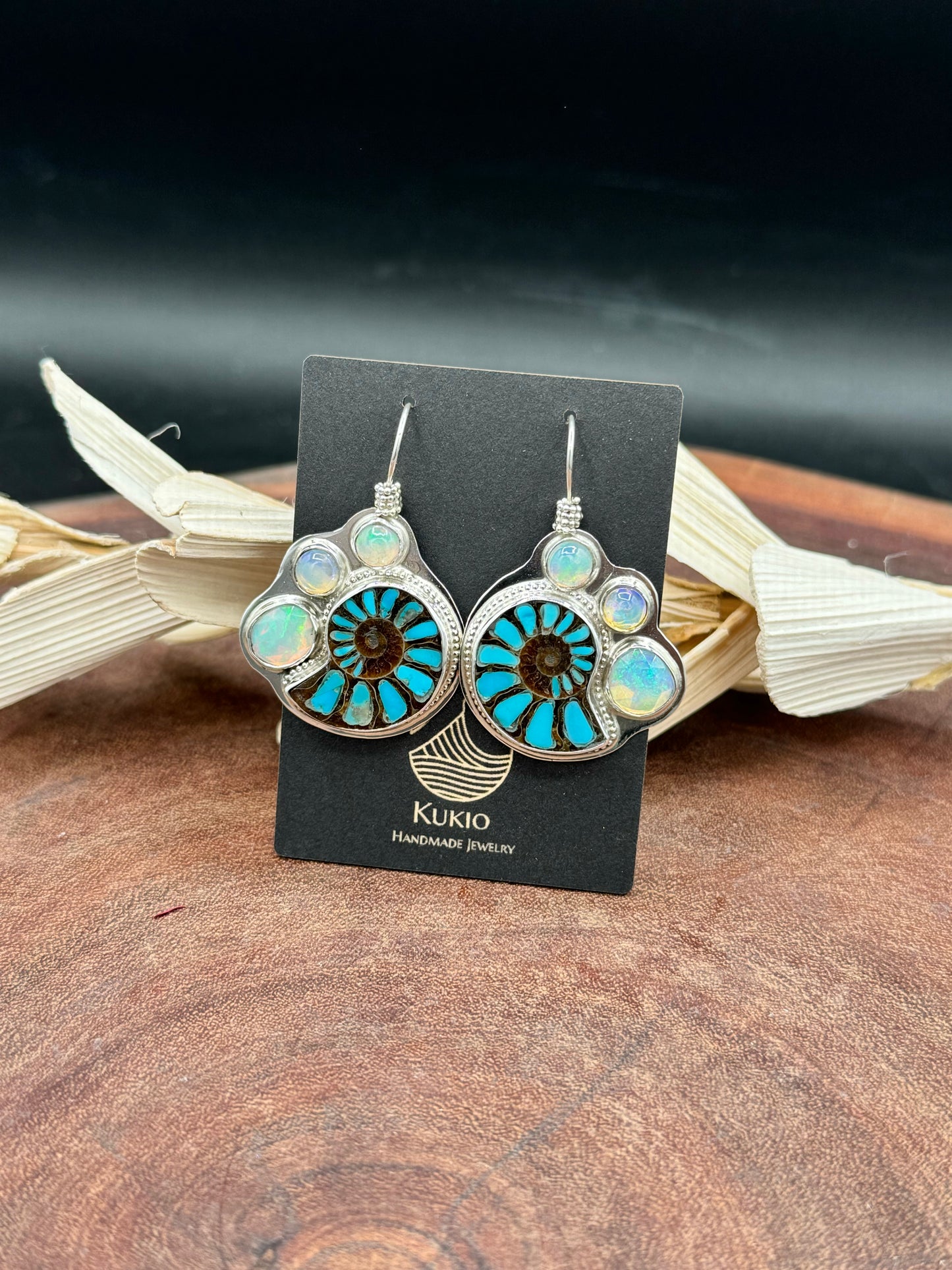 Ammonite with Turquoise Inlay and Opal Earrings