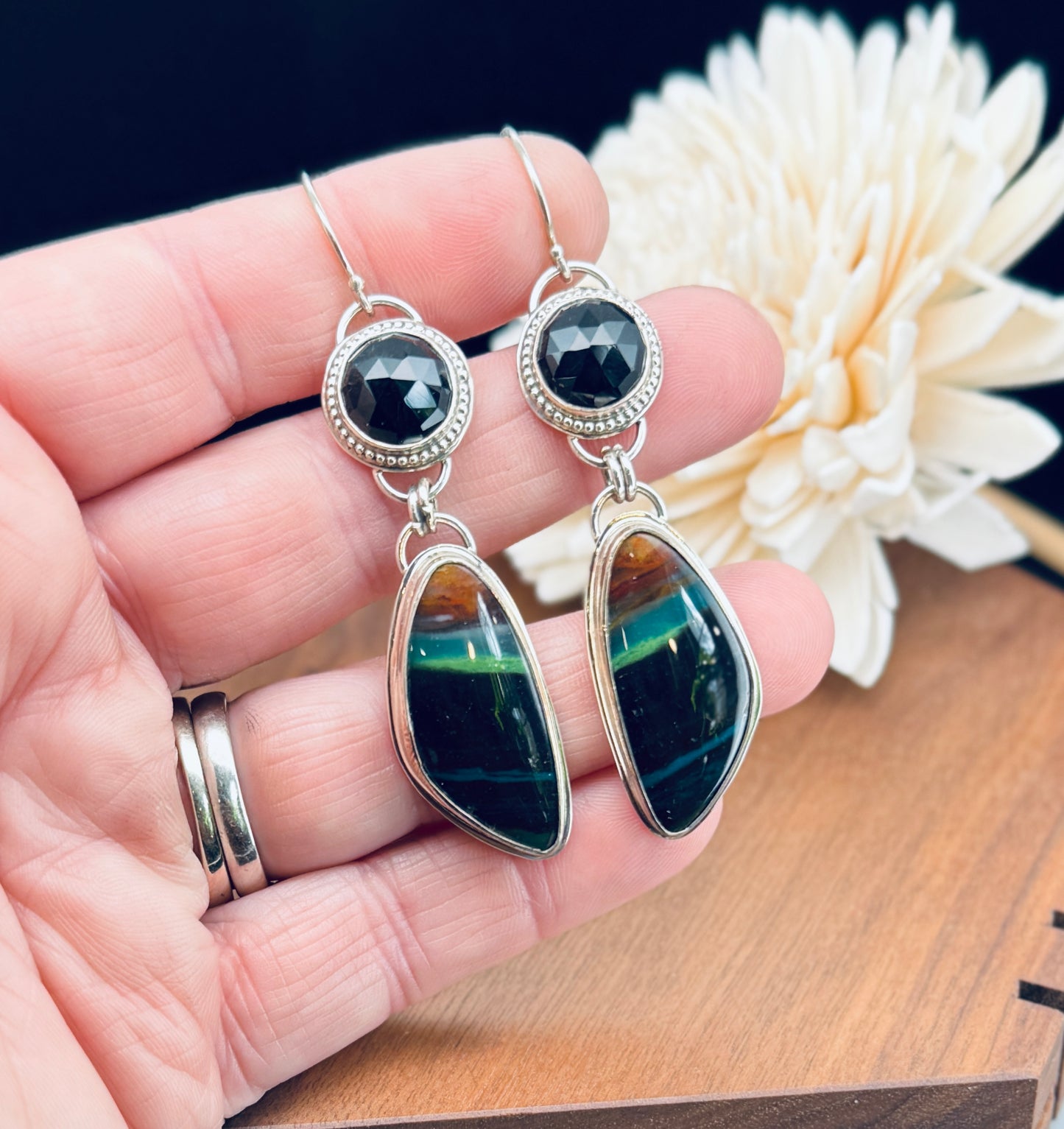 Sterling Silver Opalized Wood with Black Onyx Earrings