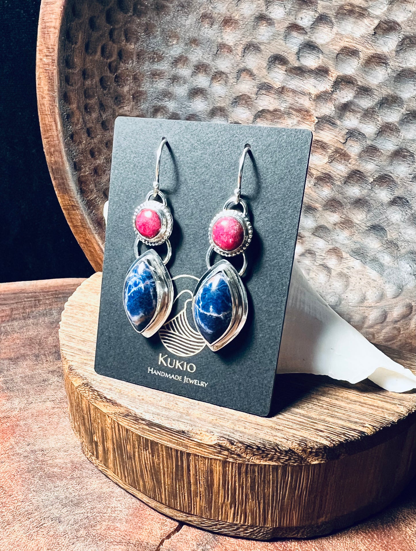 Sodalite and Ruby Sterling Silver Earrings