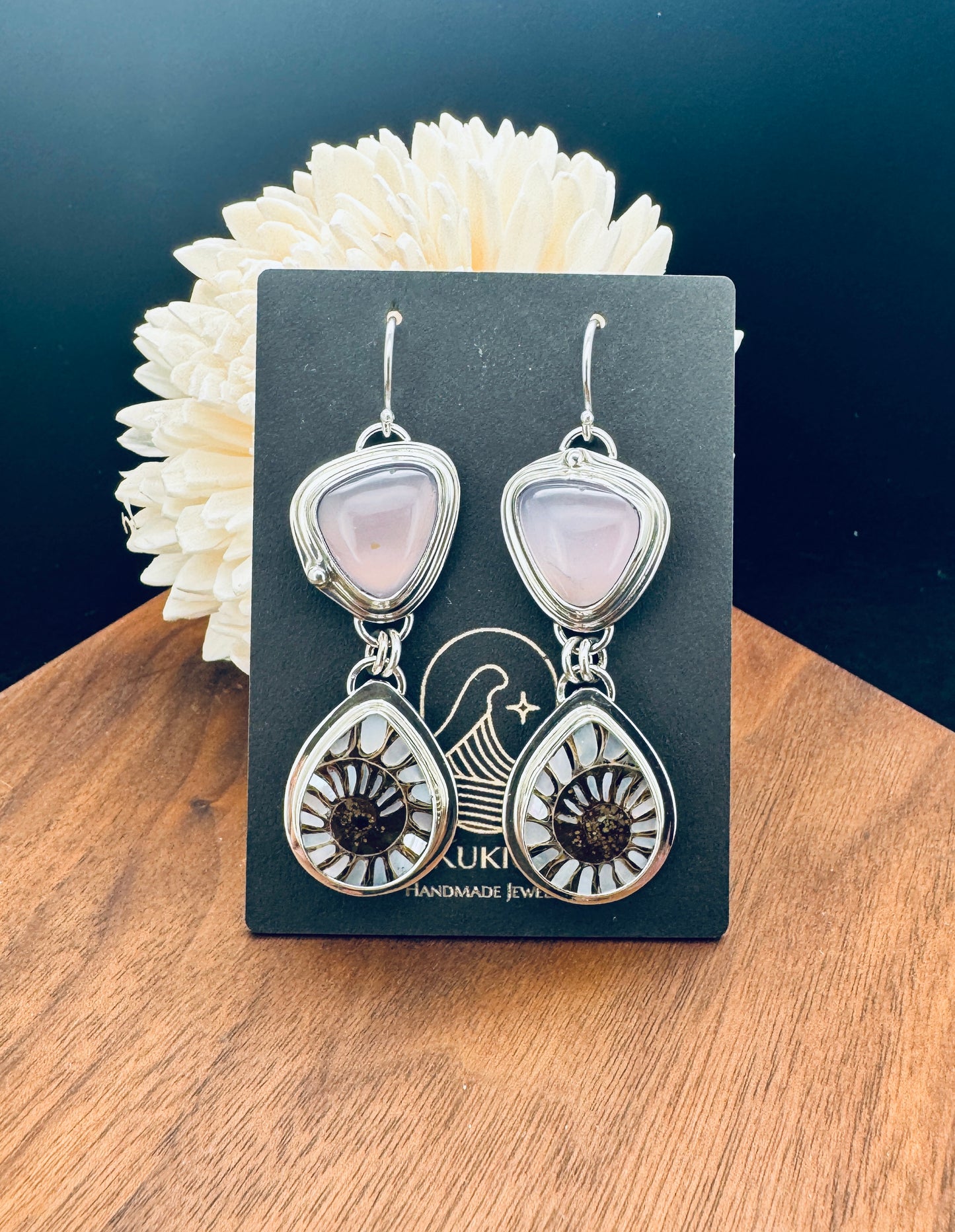 Ammonite with Mother of Pearl Inlay and Lilac Chalcedony Earrings