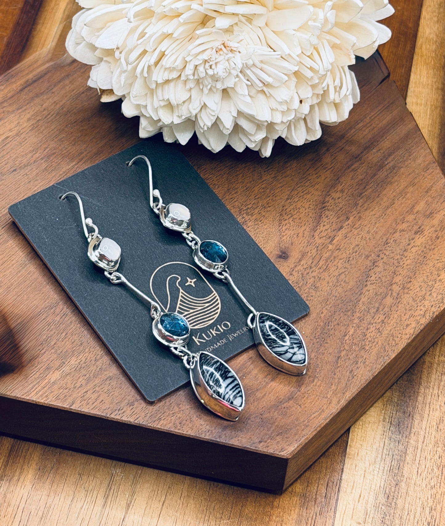 Sterling Silver Spiderweb Jasper with Teal Moss Kyanite and Moonstone Earrings