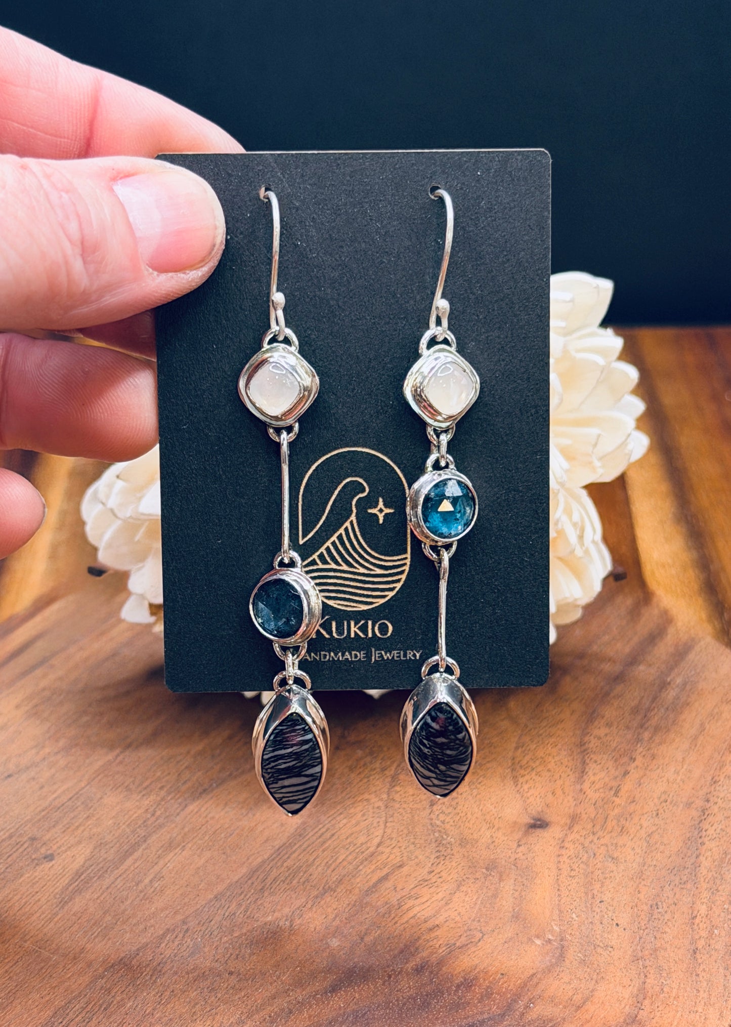 Sterling Silver Spiderweb Jasper with Teal Moss Kyanite and Moonstone Earrings