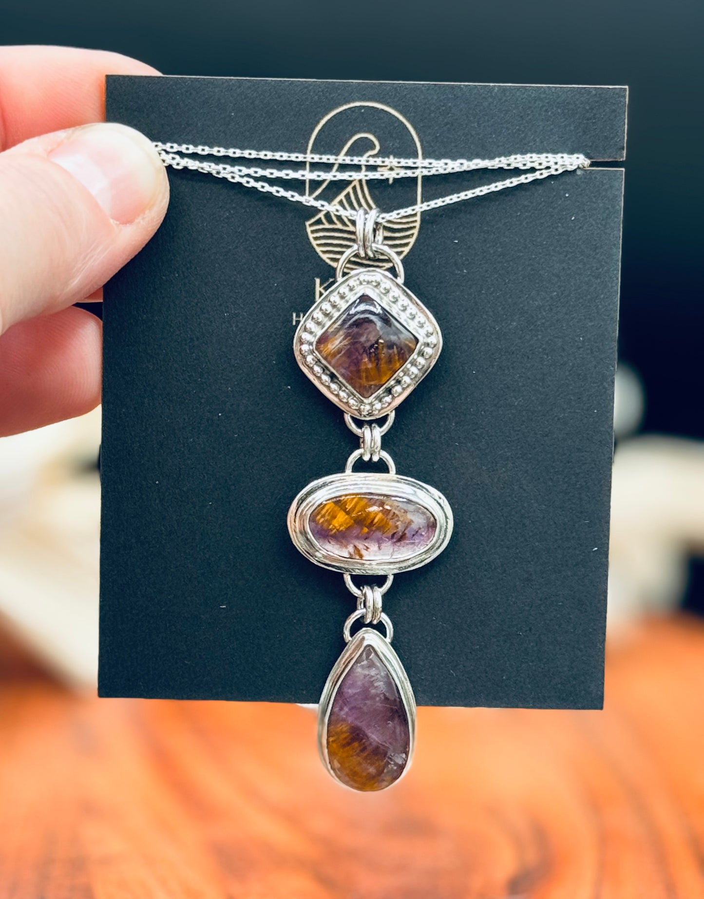 Rare Super Seven Amethyst with Cacoxenite Triple Stone Pendant