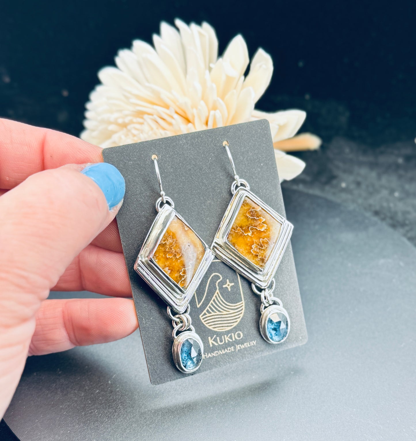 Sterling Silver Ammonite and Teal Moss Kyanite Earrings