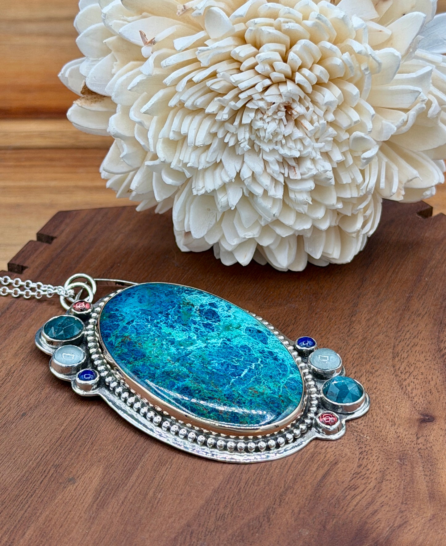 Shattuckite with Azurite Sterling Silver and Gold Fill Pendant