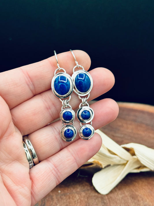 Sterling Silver Three Stone Lapis Earrings