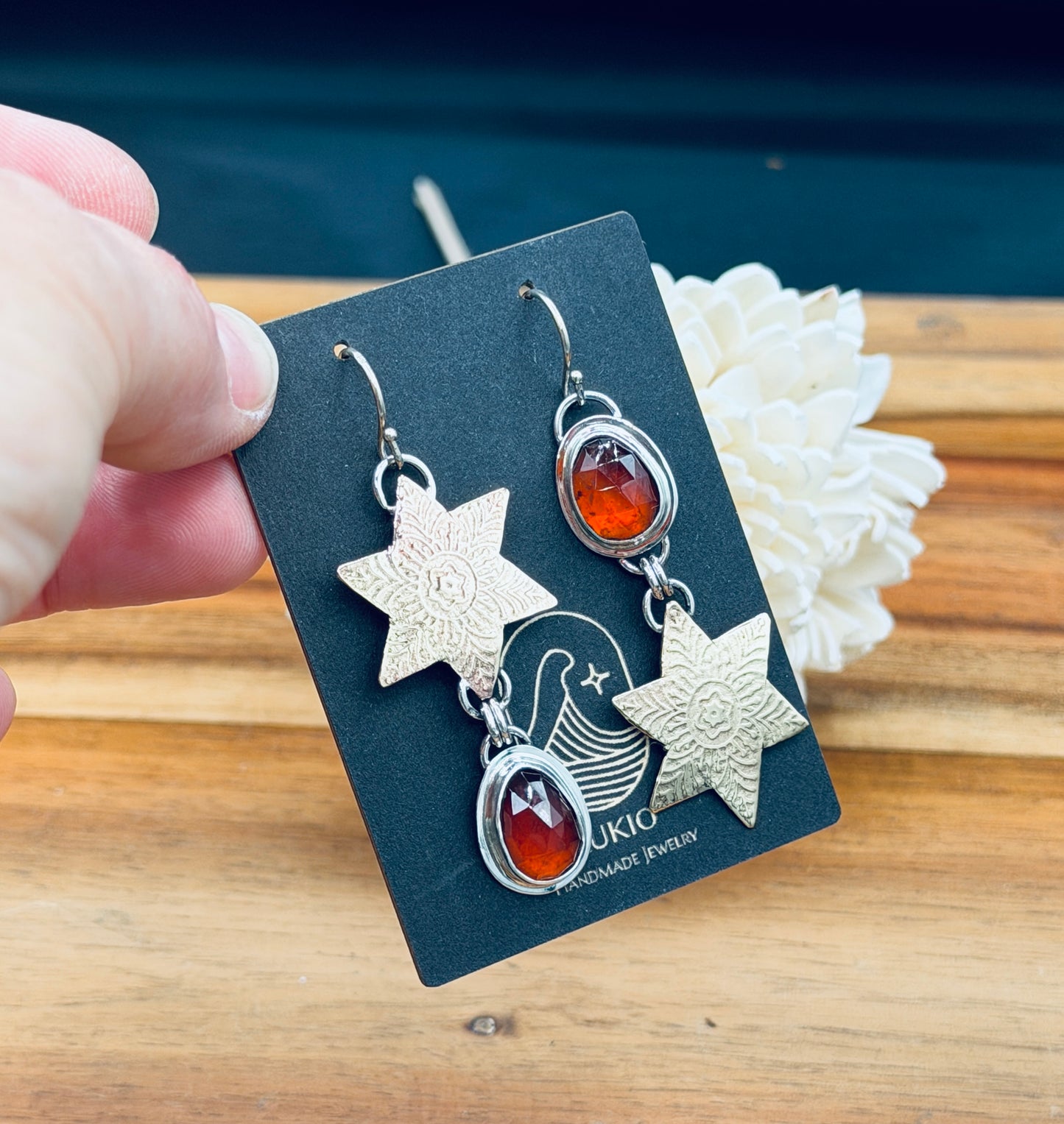 Sterling Silver Hessonite Garnet with Hand rolled Snowflake Stars