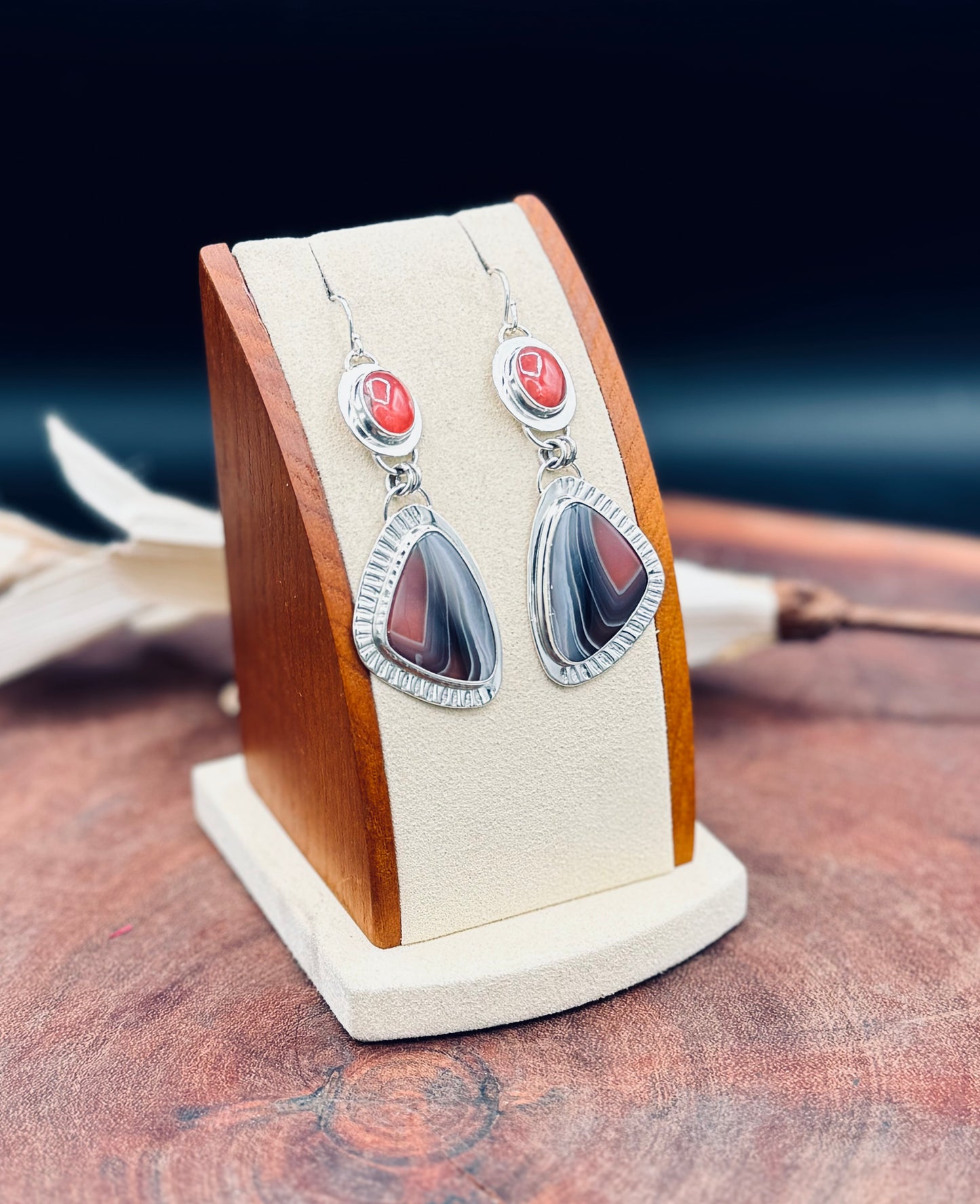 Botswana Agate and Rhodorosite Sterling Silver Earrings