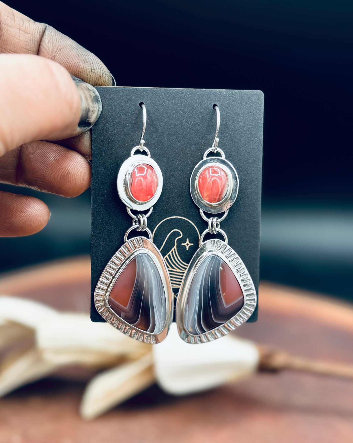 Botswana Agate and Rhodorosite Sterling Silver Earrings