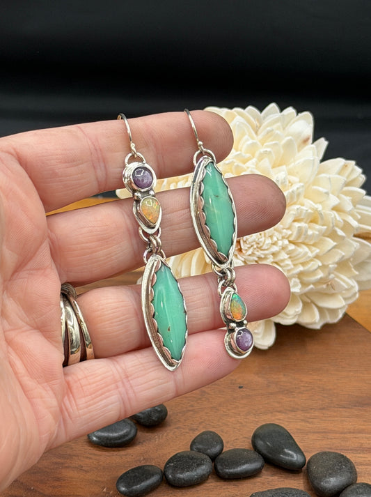 Newman Chrysoprase with Opal and Ruby Sterling Silver Earrings