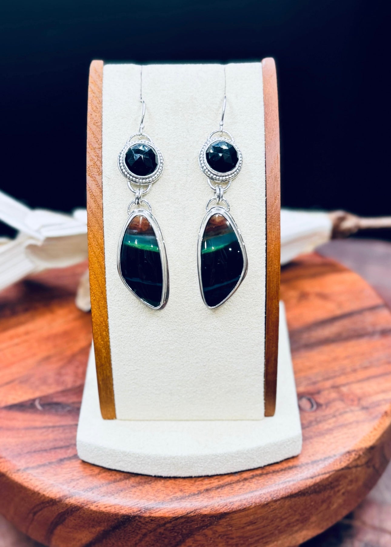 Sterling Silver Opalized Wood with Black Onyx Earrings