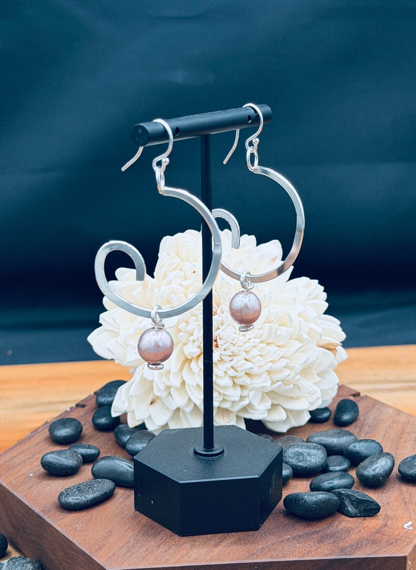 Sterling Silver Pink Edison Pearl Wave Hoops