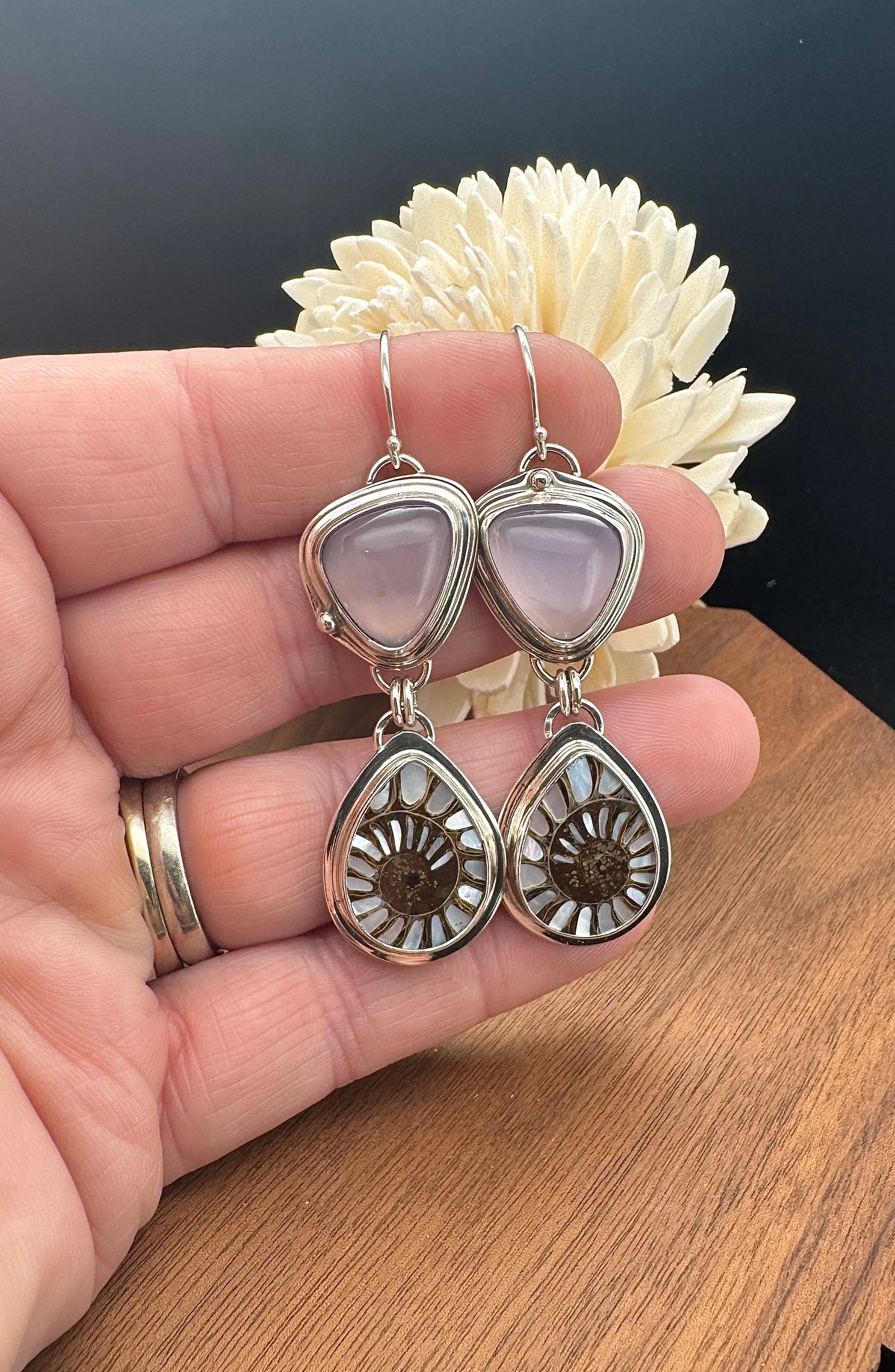 Ammonite with Mother of Pearl Inlay and Lilac Chalcedony Earrings