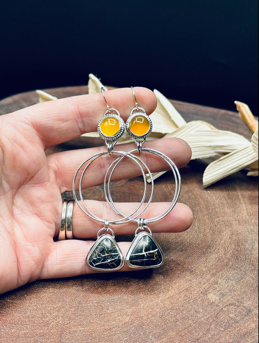 Iron Buffalo and Mango Chalcedony Sterling Silver Earrings