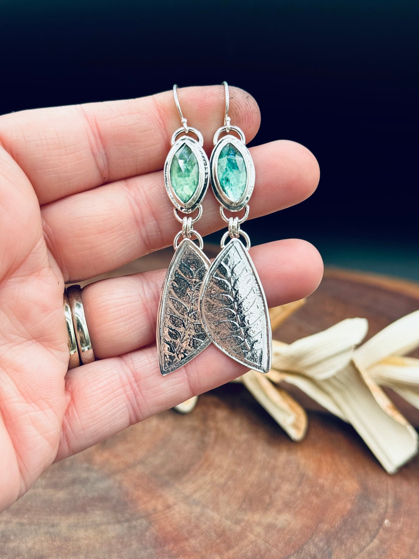 Sterling Silver Minty Green Kyanite Leaf Earrings