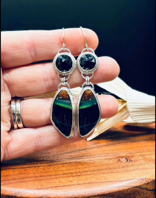 Sterling Silver Opalized Wood with Black Onyx Earrings