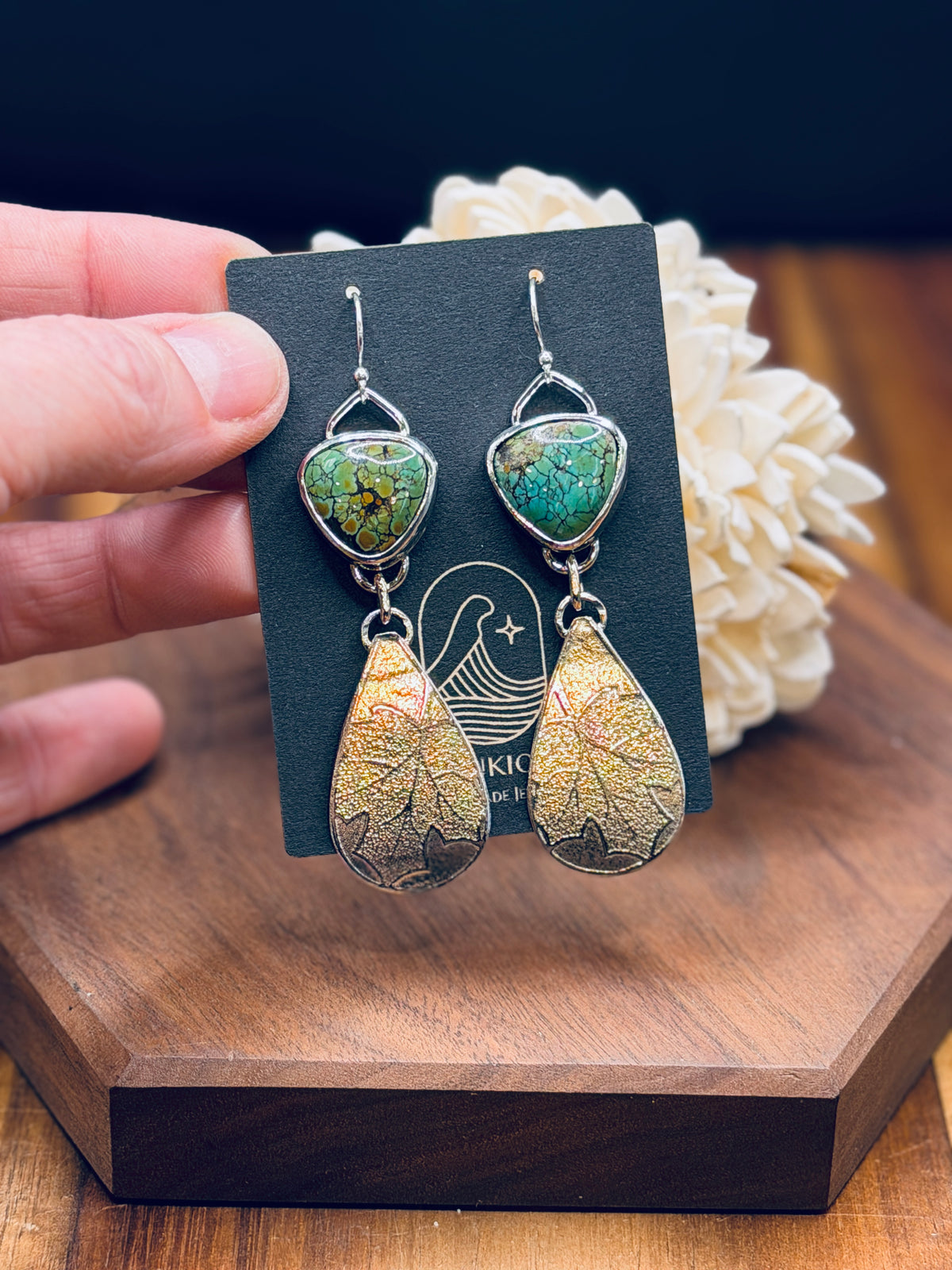 Sterling Silver Turquoise + Silver
Leaf Pattern Earrings