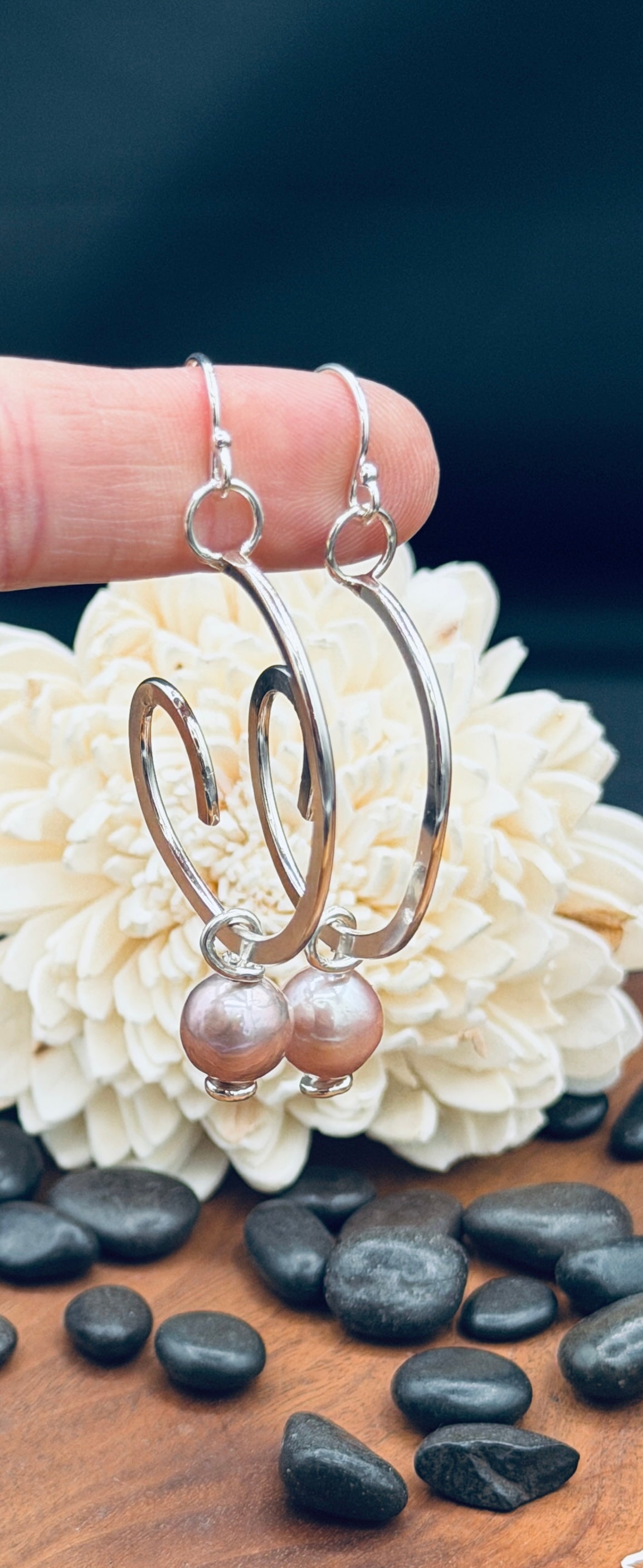 Sterling Silver Pink Edison Pearl Wave Hoops