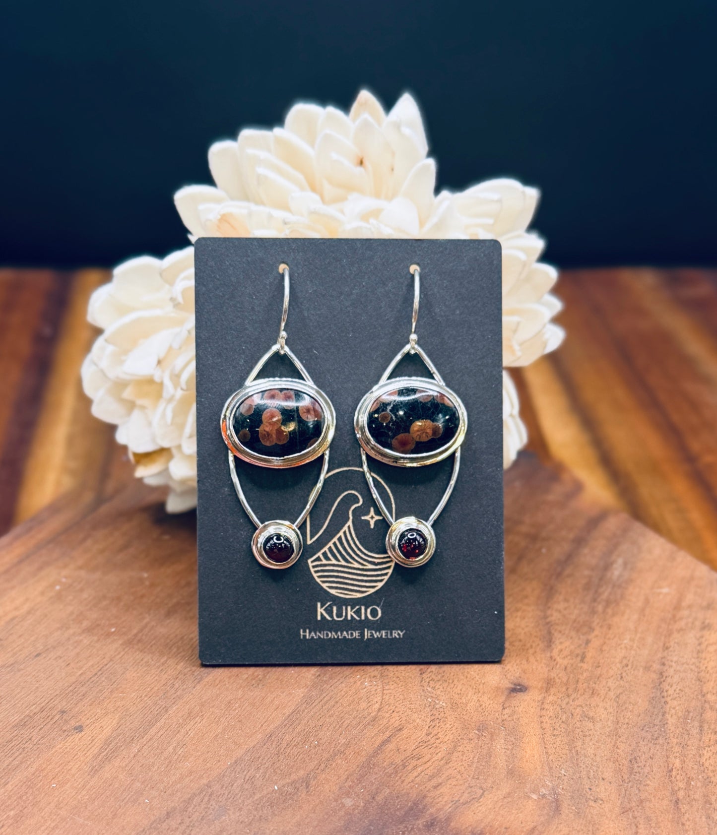 Sterling Silver Peanut Obsidian and Garnet Earrings