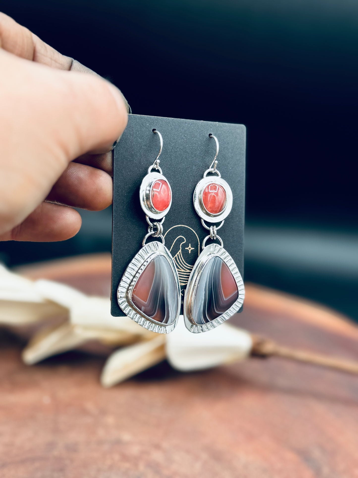 Botswana Agate and Rhodorosite Sterling Silver Earrings