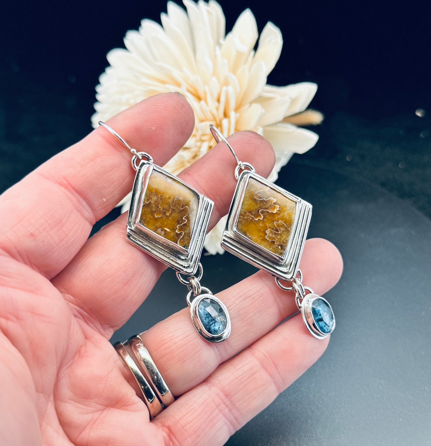 Sterling Silver Ammonite and Teal Moss Kyanite Earrings