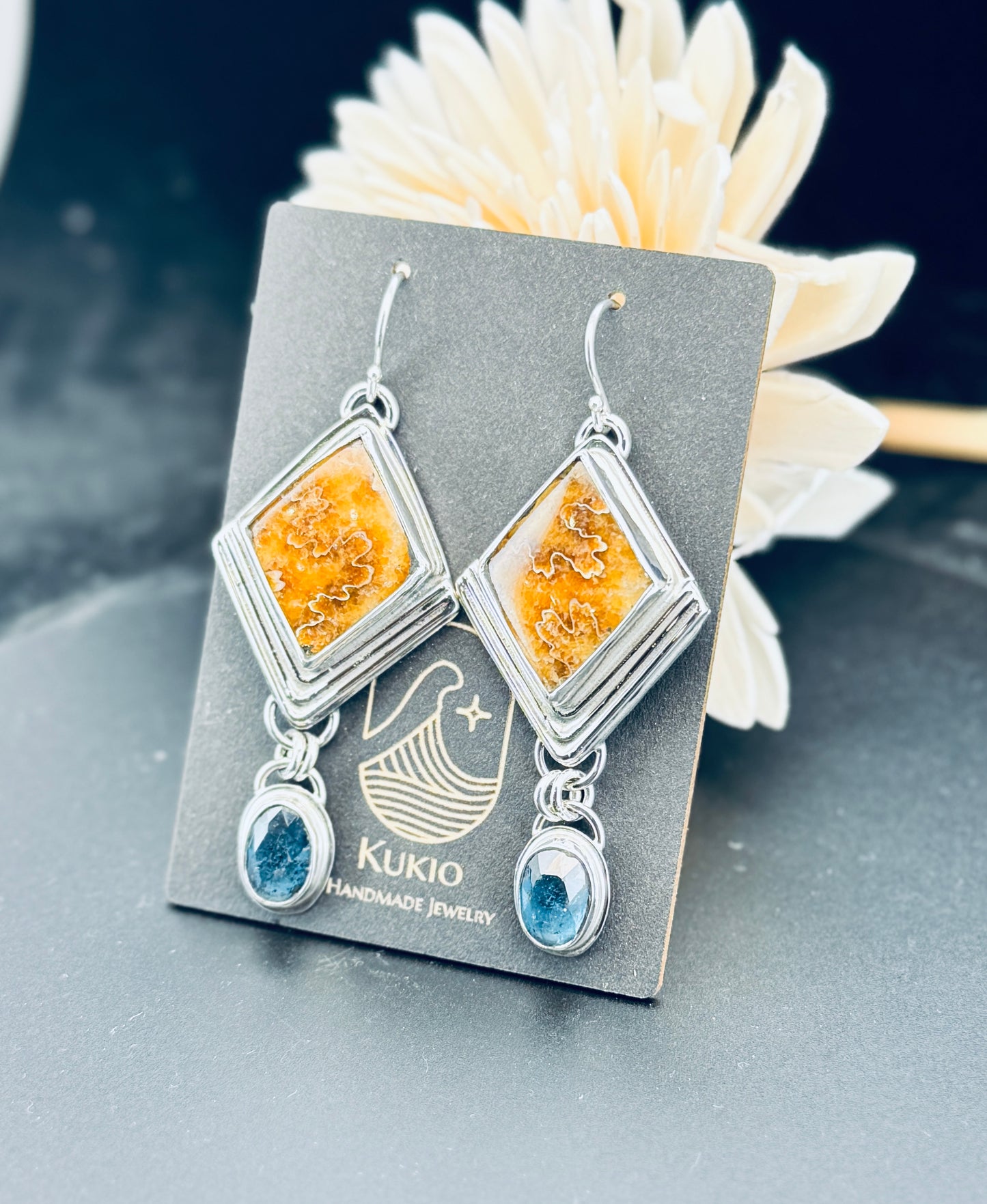 Sterling Silver Ammonite and Teal Moss Kyanite Earrings