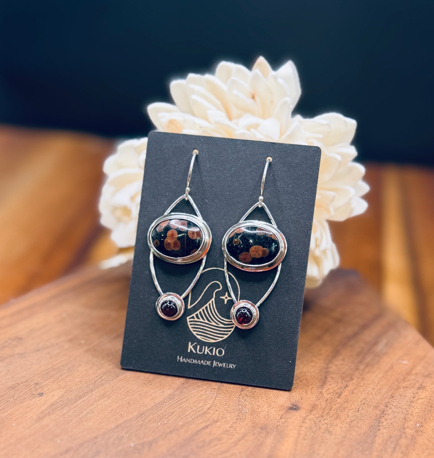 Sterling Silver Peanut Obsidian and Garnet Earrings