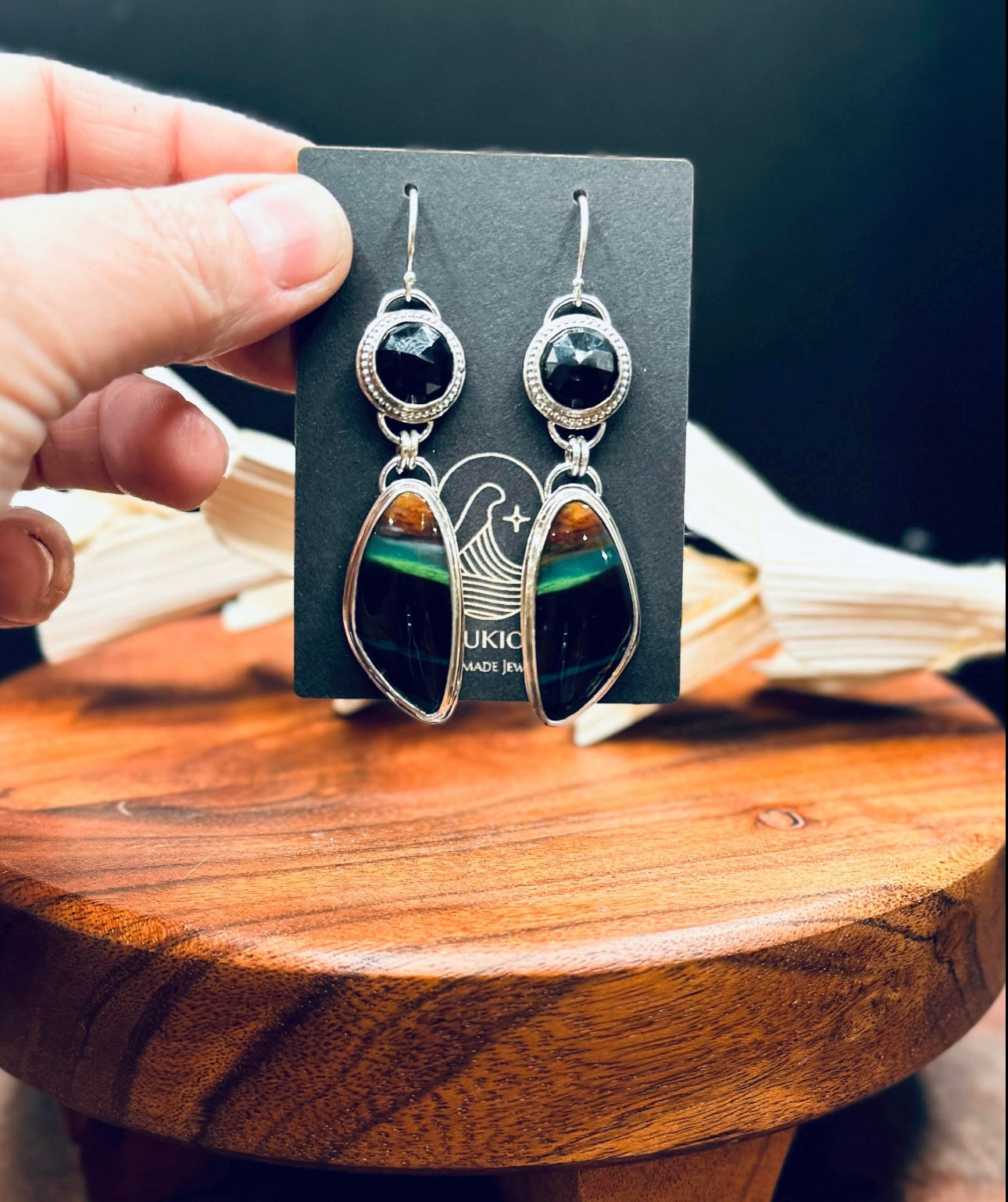 Sterling Silver Opalized Wood with Black Onyx Earrings