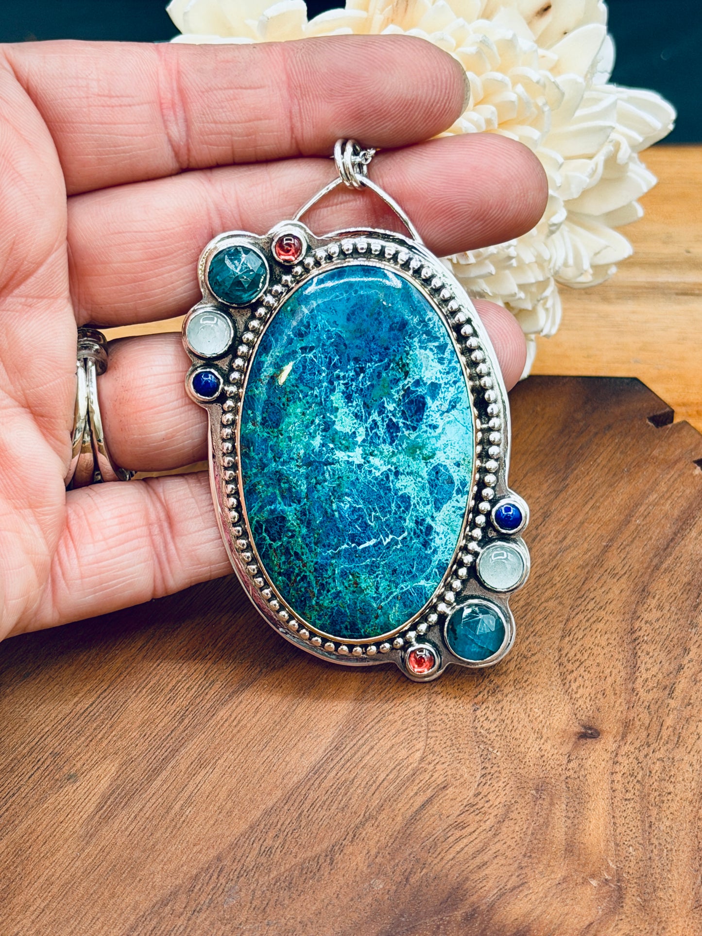 Shattuckite with Azurite Sterling Silver and Gold Fill Pendant