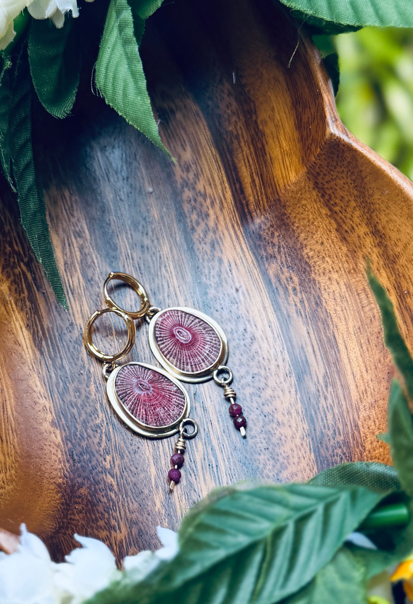 Gold Fill Pink Limpet Shell and Ruby Huggie Earrings